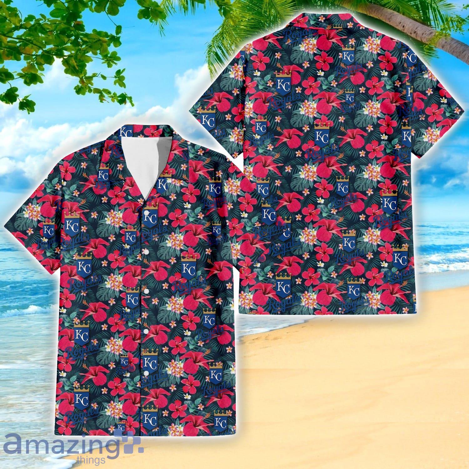 Kansas City Royals Logo And Red Pink White Hibiscus 3D Hawaiian Shirt For  Fans