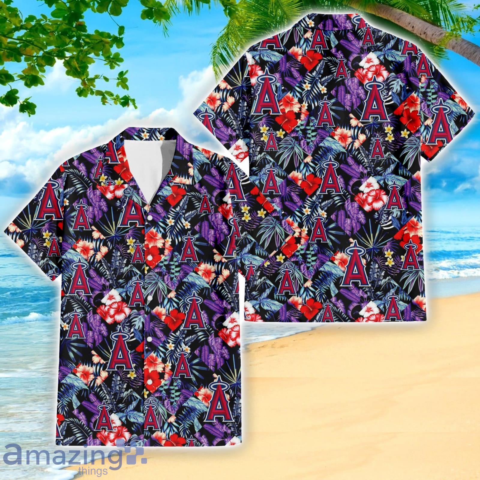 Los Angeles Angels Red Hibiscus Purple Leaf Pattern Summer Gift Hawaiian Shirt For Fans Product Photo 1