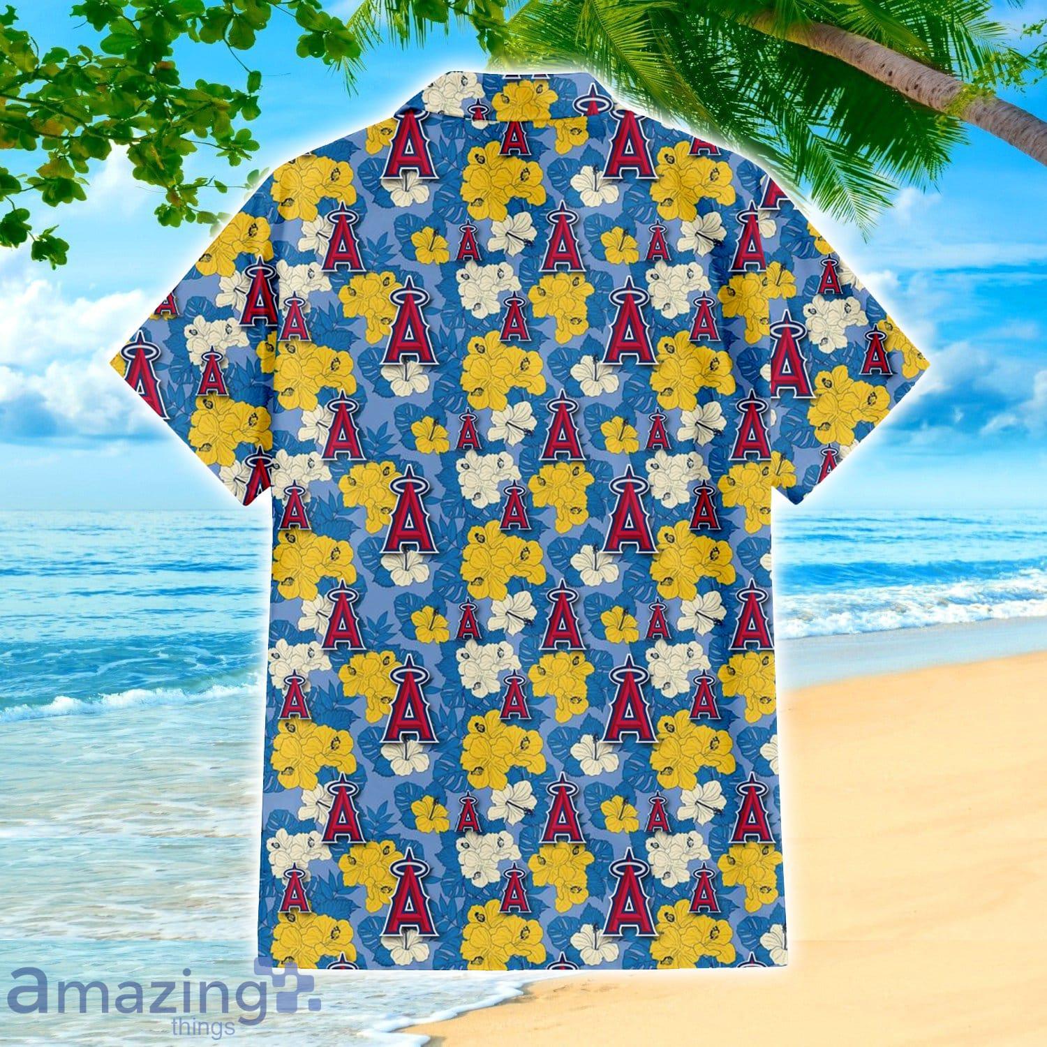 Los Angeles Angels Yellow White Hibiscus Powder Blue Pattern 3D Hawaiian Shirt Beach Gift image Los Angeles Angels Yellow White Hibiscus Powder Blue Pattern 3D Hawaiian Shirt Beach Gift Product Photo 3