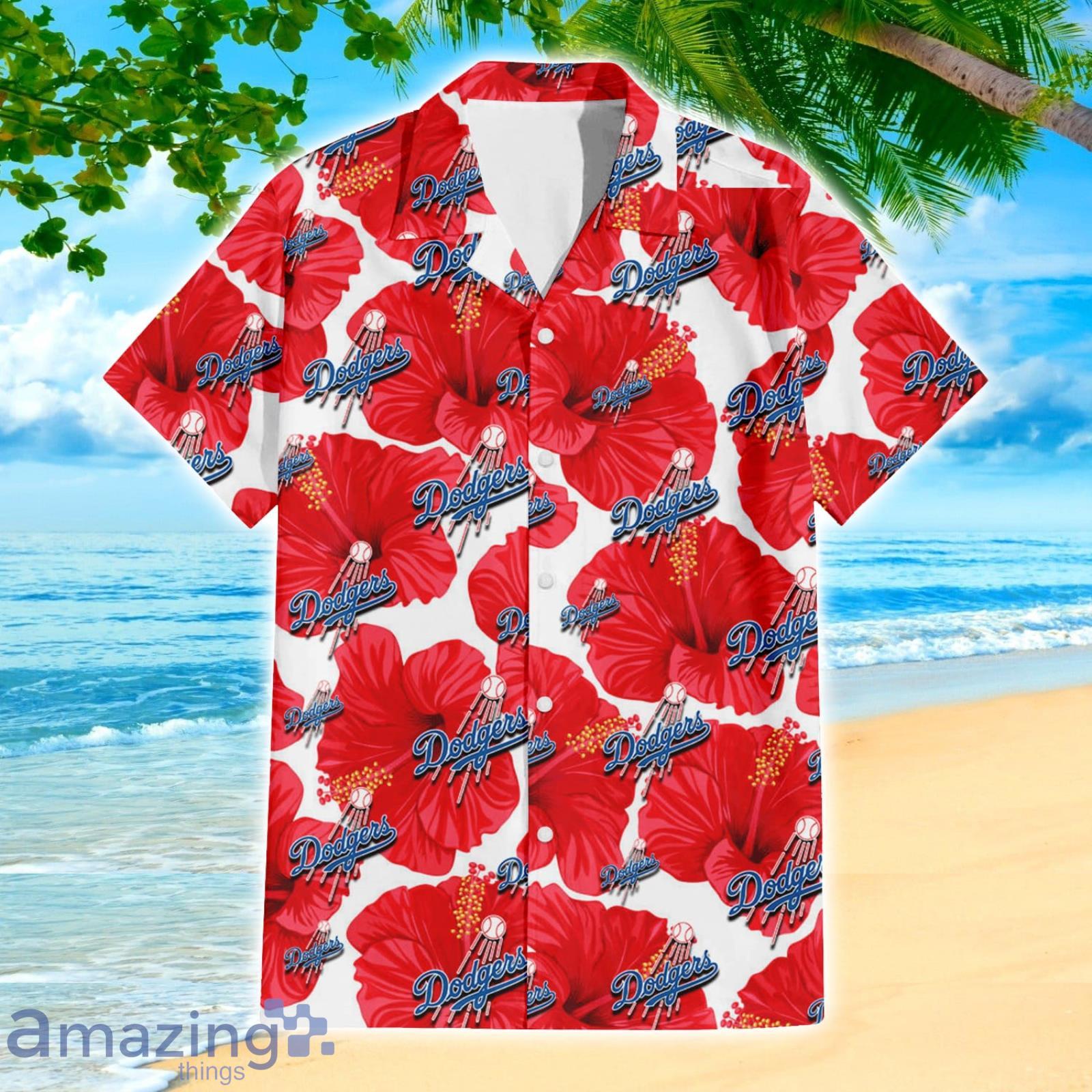 Los Angeles Dodgers Big Red Hibiscus Lover 3D Hawaiian Shirt Summer Gift For Fans image Los Angeles Dodgers Big Red Hibiscus Lover 3D Hawaiian Shirt Summer Gift For Fans Product Photo 3