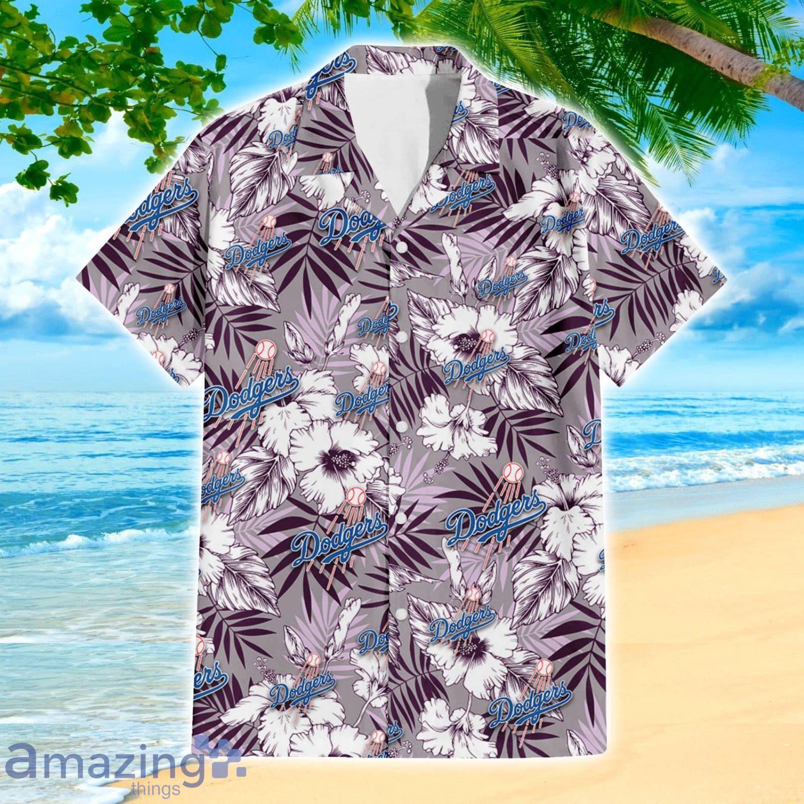Los Angeles Dodgers Hibiscus Lover Violet Leaves Light 3D Hawaiian Shirt Summer Gift image Los Angeles Dodgers Hibiscus Lover Violet Leaves Light 3D Hawaiian Shirt Summer Gift Product Photo 2