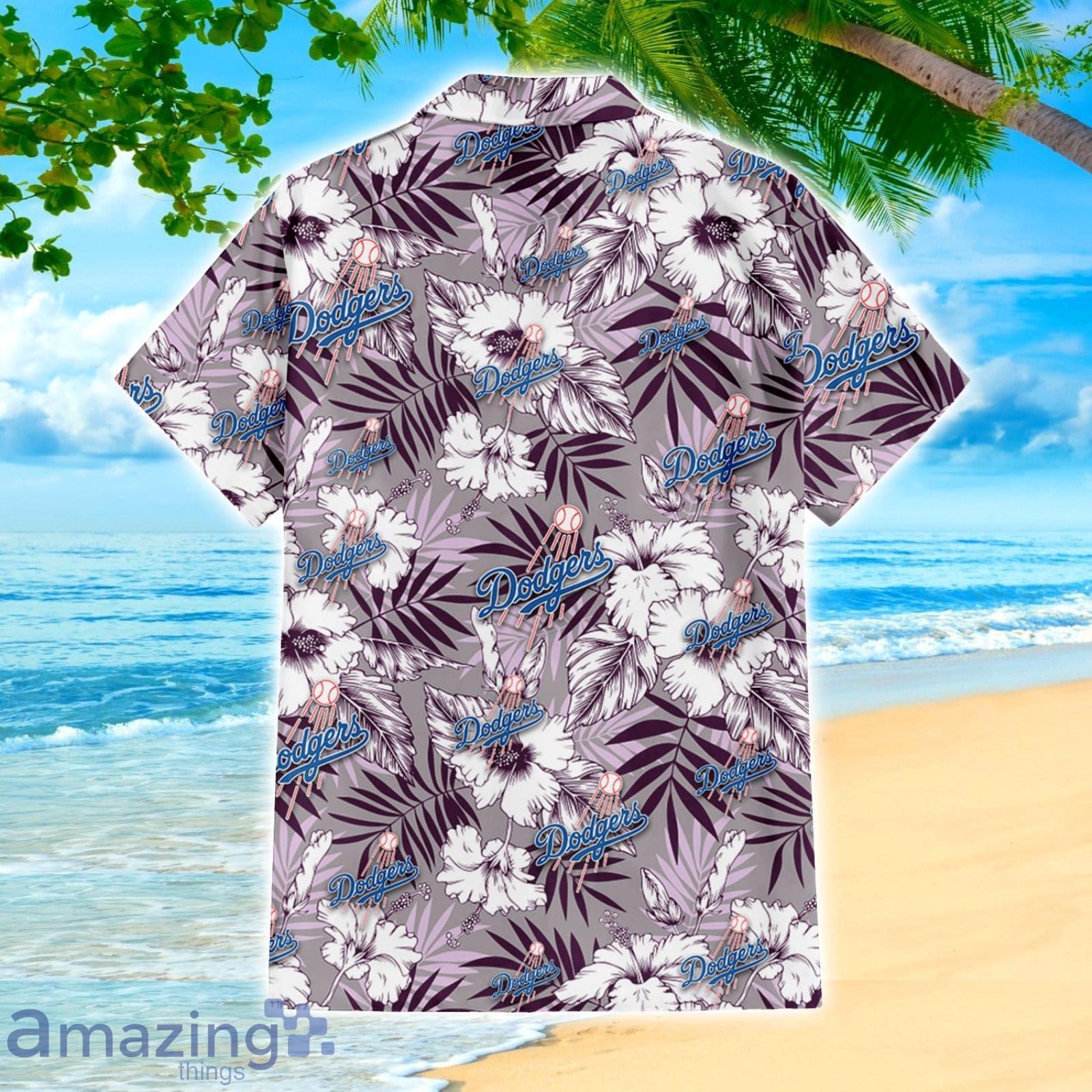 Los Angeles Dodgers Hibiscus Lover Violet Leaves Light 3D Hawaiian Shirt Summer Gift image Los Angeles Dodgers Hibiscus Lover Violet Leaves Light 3D Hawaiian Shirt Summer Gift Product Photo 3