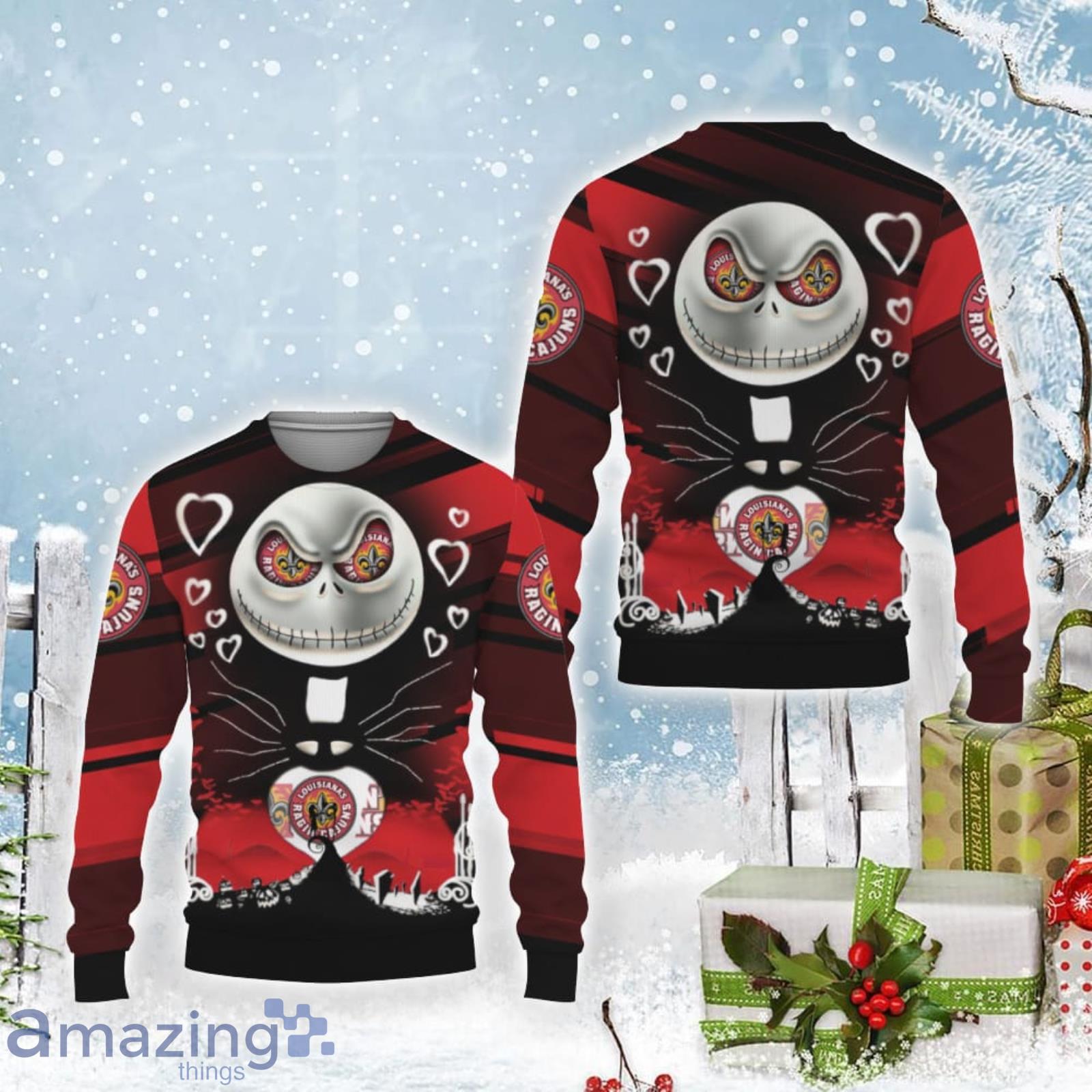 Louisiana Ragin Cajuns Jack Skellington 2023 Ugly Christmas Sweater Product Photo 1