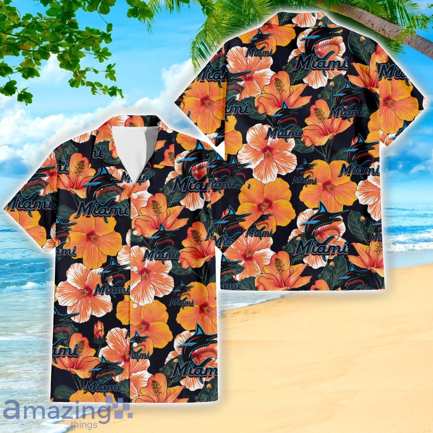 Miami Marlins Big Logo And Orange Hibiscus Hawaiian Shirt Sport Fans Gift Product Photo 1