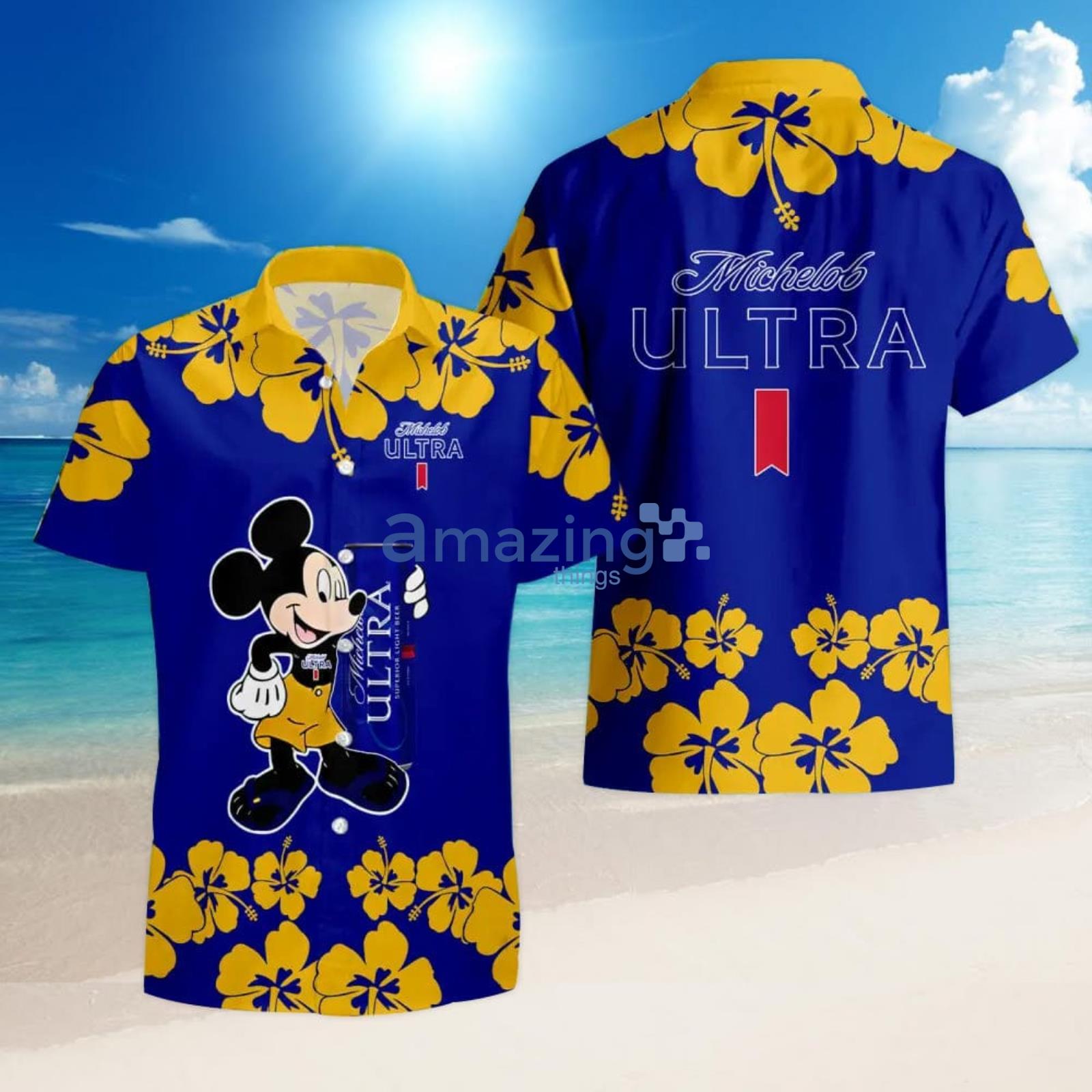 Michelob Ultra Funny Mickey Mouse Hibicus Flower Hawaiian Shirt And Shorts Product Photo 1