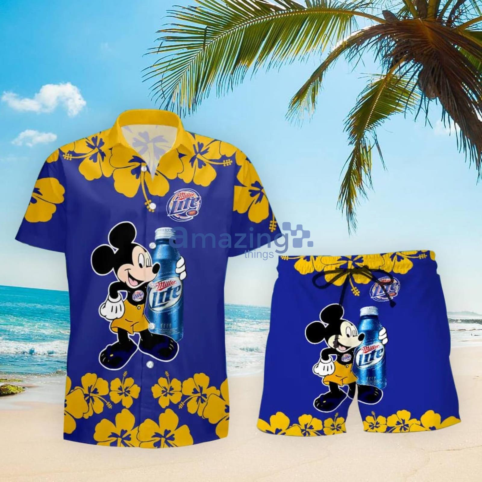 Miller Lite Funny Mickey Mouse Hibicus Flower Hawaiian Shirt And Shorts image Miller Lite Funny Mickey Mouse Hibicus Flower Hawaiian Shirt And Shorts Product Photo 2