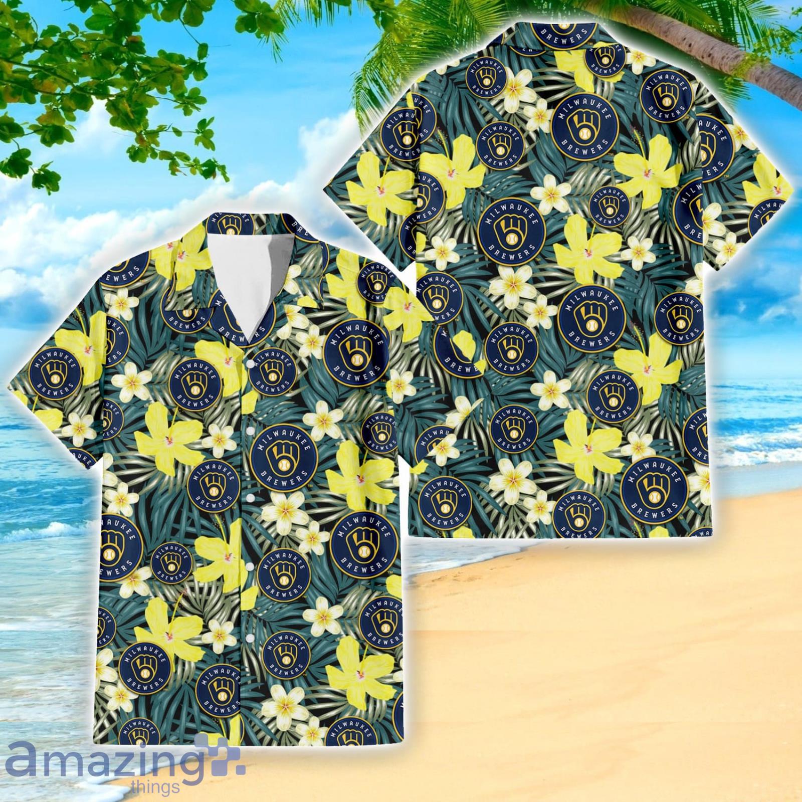 Milwaukee Brewers Yellow Flower Green Palm Leaf Tropical 3D Hawaiian Shirt  - Freedomdesign