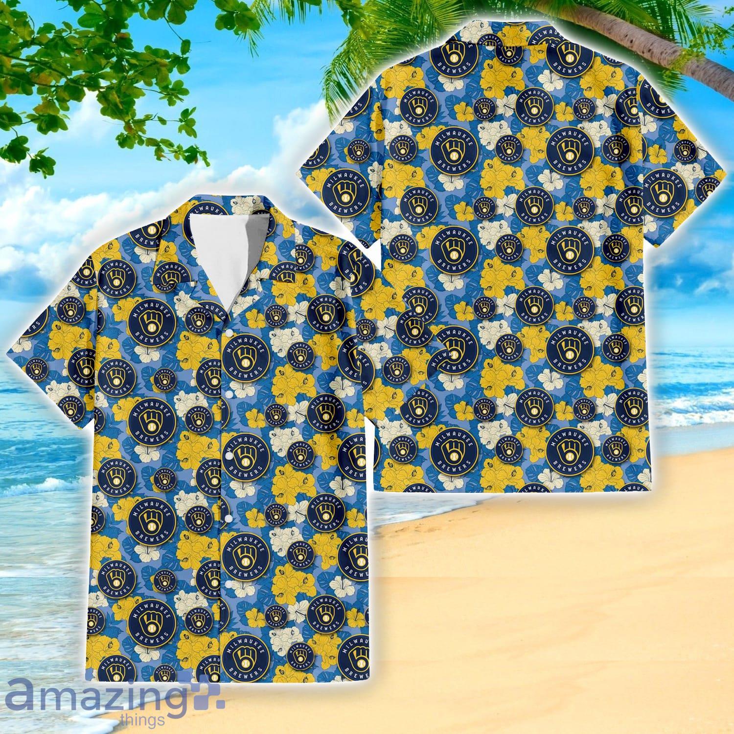 Milwaukee Brewers Yellow White Hibiscus Powder Blue Pattern 3D Hawaiian  Shirt Beach Gift