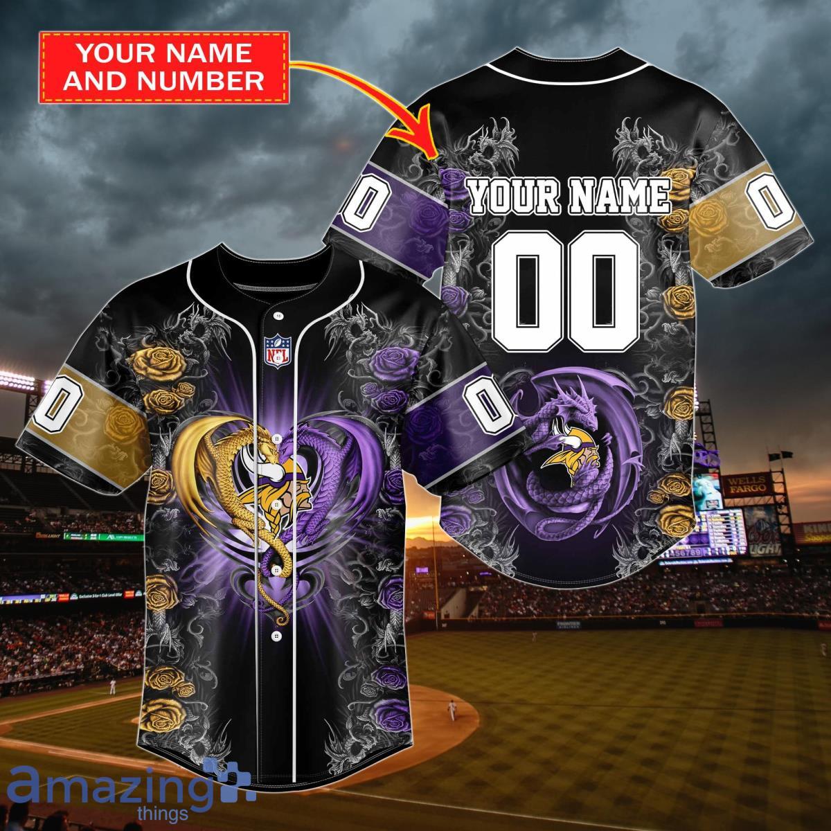 Minnesota Vikings Personalized Name & Number NFL Dragon Baseball Shirt Best Gift Fans Product Photo 1