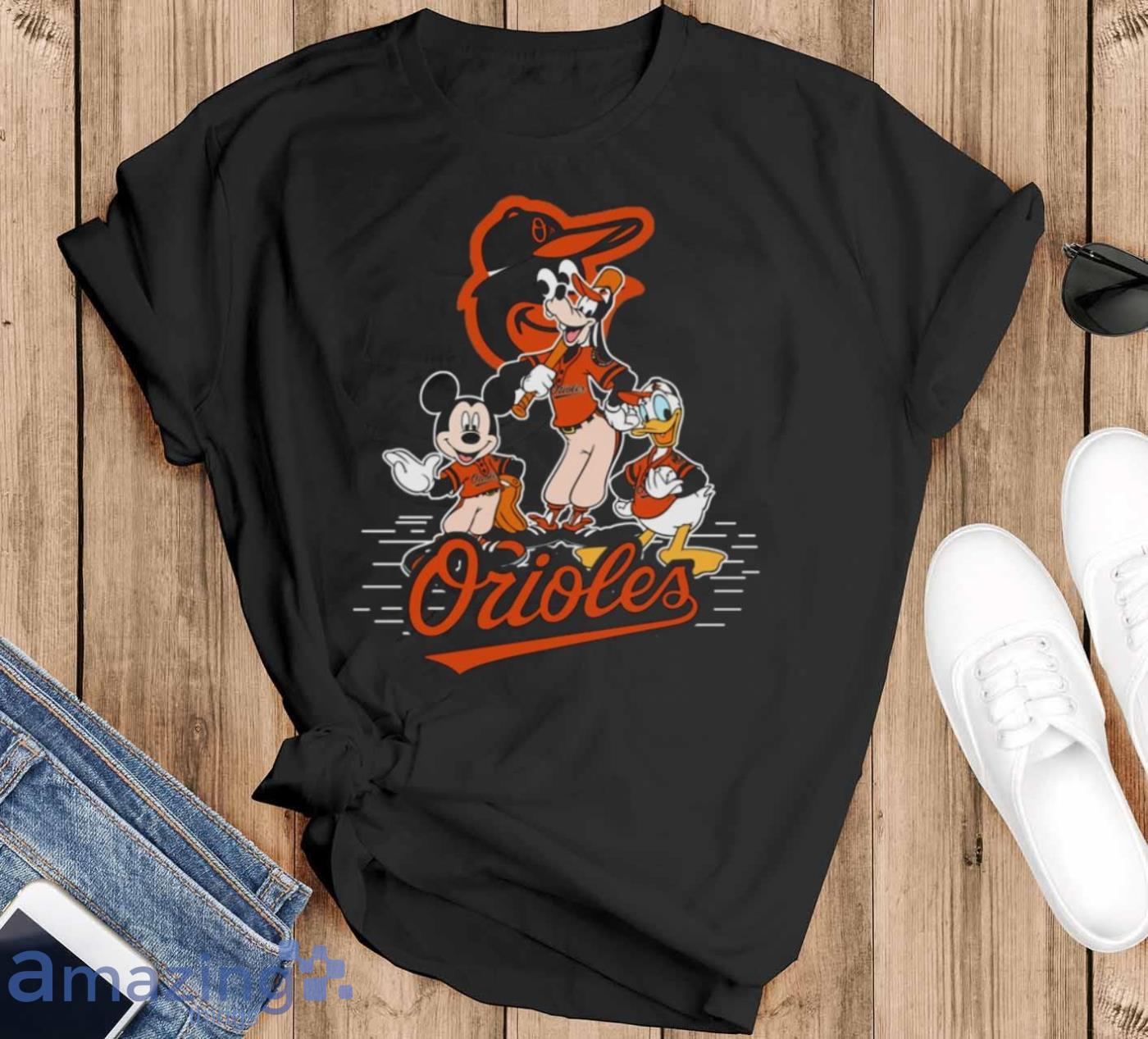 MLB Sport Fans Baltimore Orioles Mickey Mouse Donald Duck Goofy Baseball T Shirt - Black T-Shirt