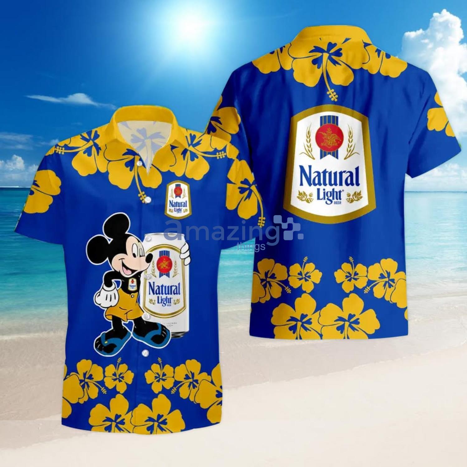 Natural Light Beer Funny Mickey Mouse Hibicus Flower Hawaiian Shirt And Shorts Product Photo 1