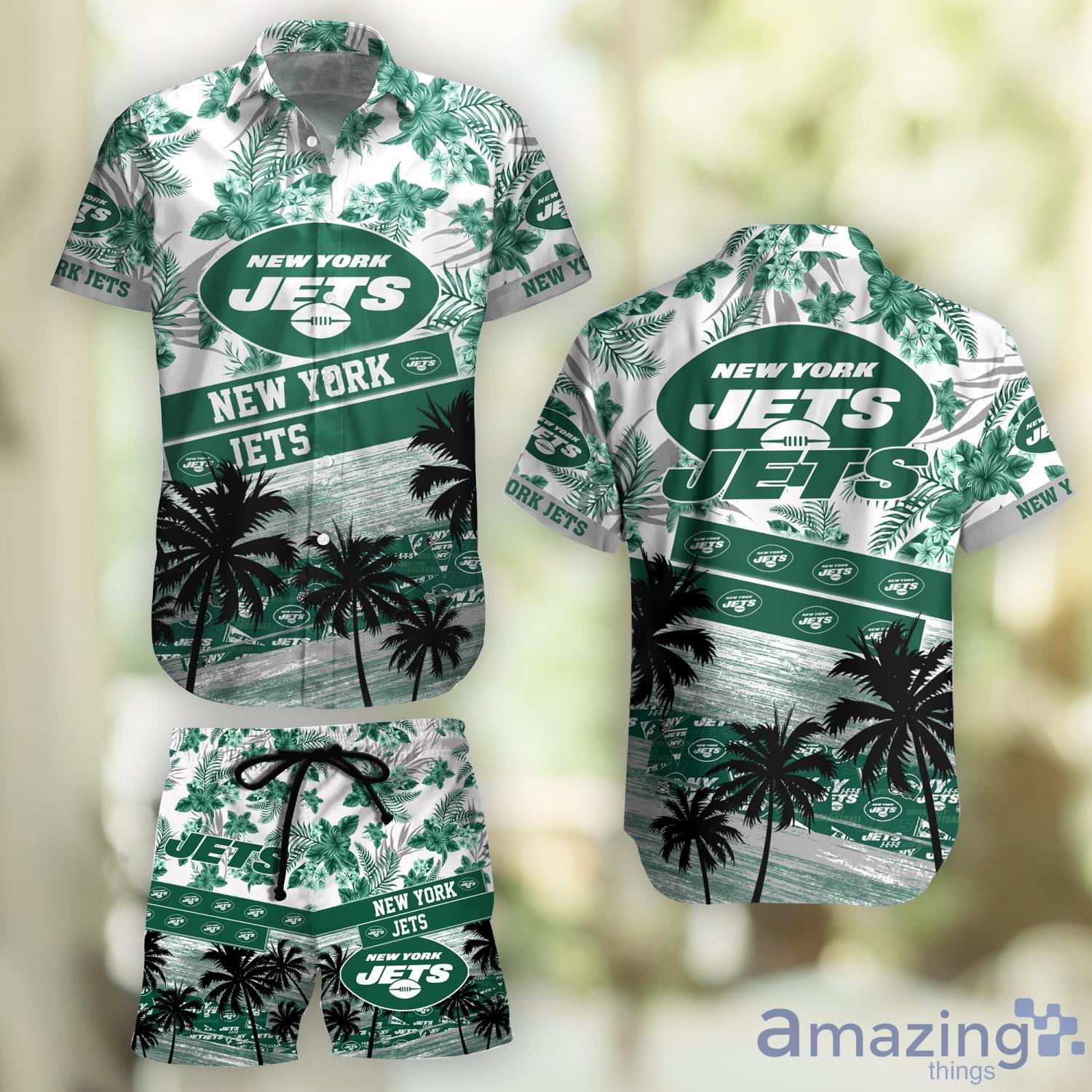 New York Jets Tropical Hibiscus Coconut Pattern Hawaiian Shirt And Shorts  Summer Gift