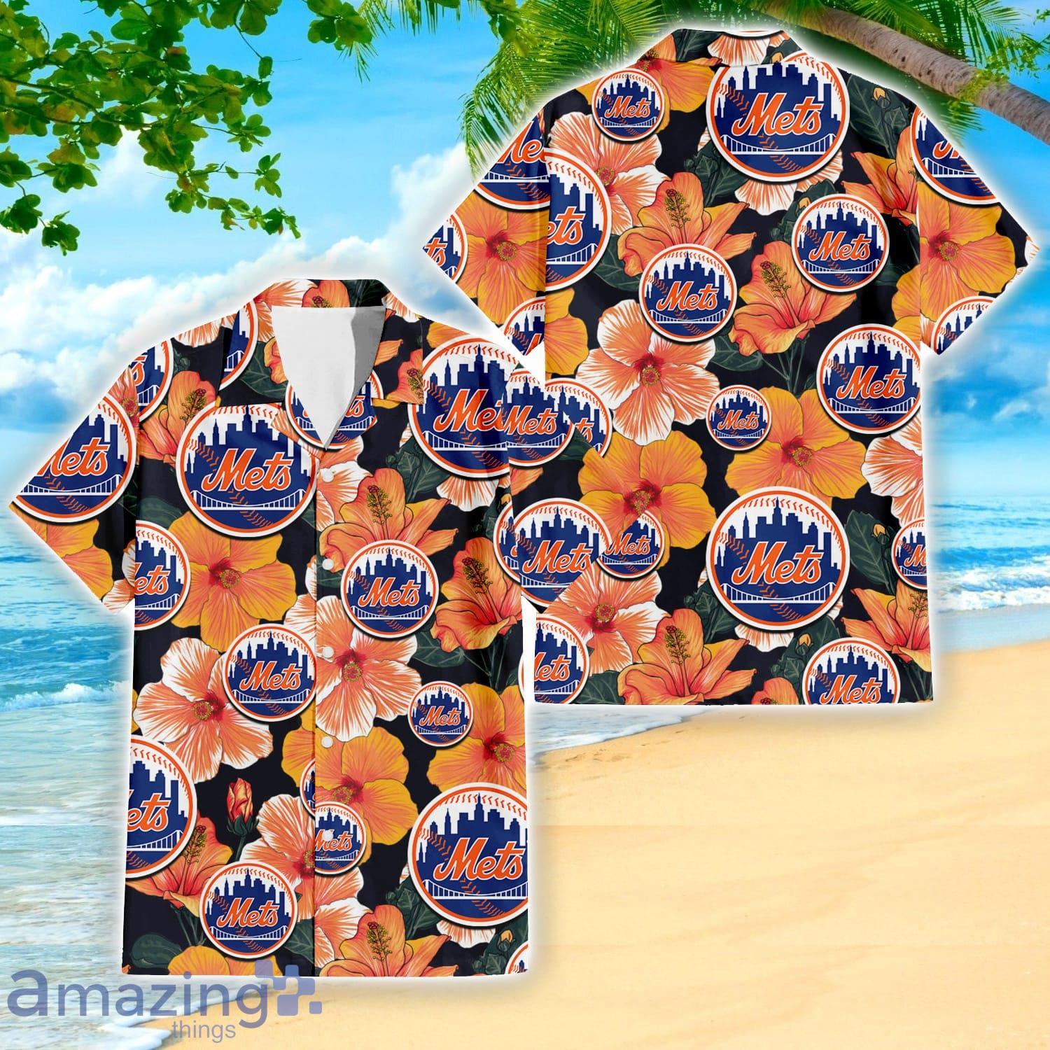 New York Mets Big Logo And Orange Hibiscus Hawaiian Shirt Sport Fans Gift Product Photo 1