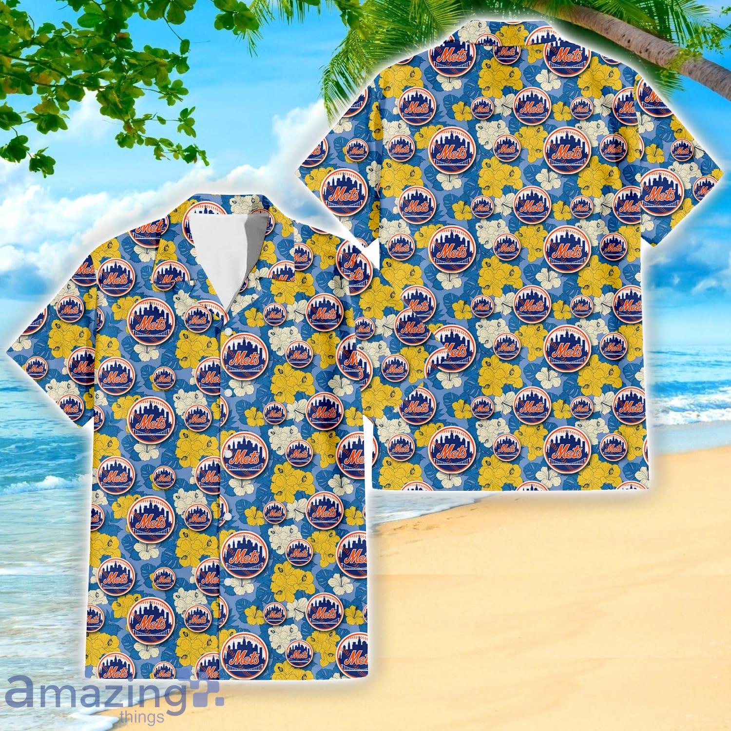 New York Mets Yellow White Hibiscus Powder Blue Pattern 3D Hawaiian Shirt Beach Gift Product Photo 1