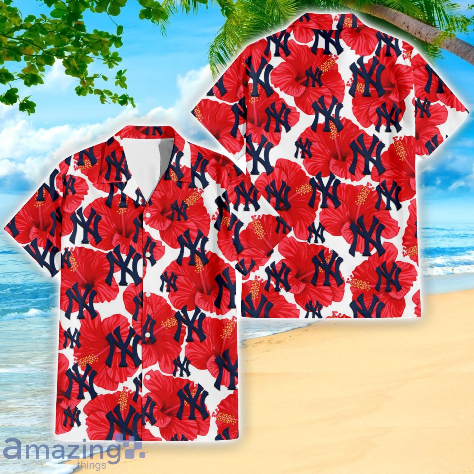 New York Yankees Big Red Hibiscus Lover 3D Hawaiian Shirt Summer Gift For Fans Product Photo 1