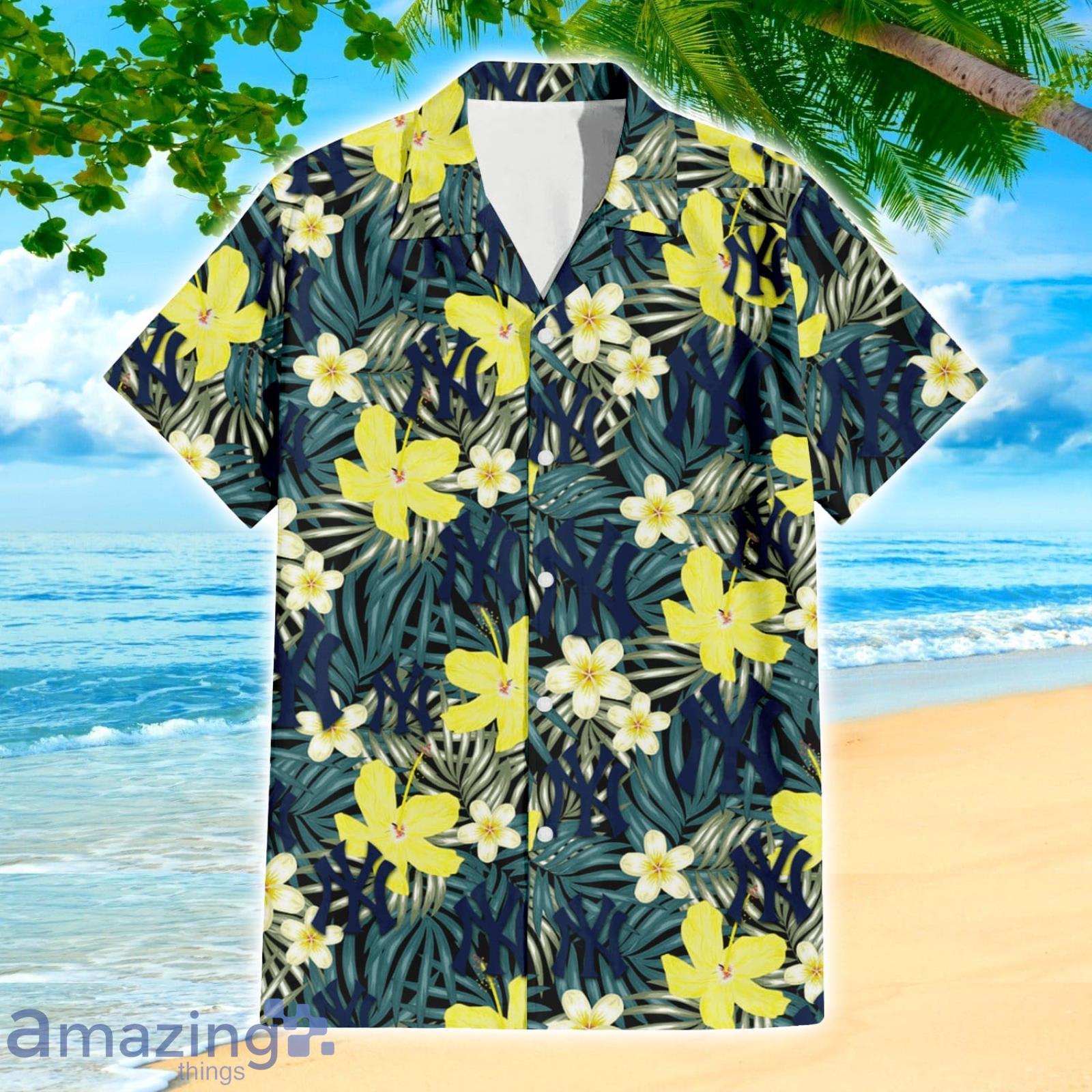 New York Yankees Yellow Flower Green Palm Leaf Tropical 3D Hawaiian Shirt