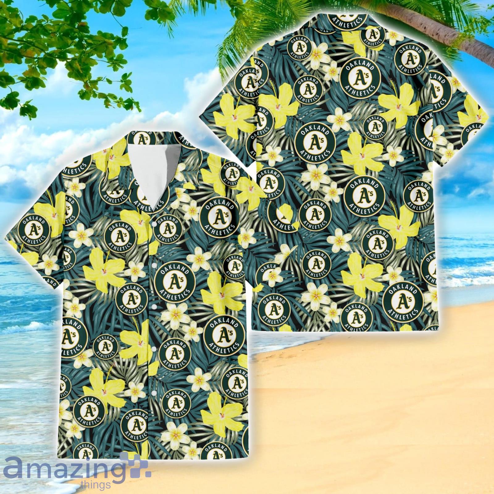 Oakland Athletics Yellow Flower Green Palm Leaf Tropical 3D Hawaiian Shirt image Oakland Athletics Yellow Flower Green Palm Leaf Tropical 3D Hawaiian Shirt Product Photo 2