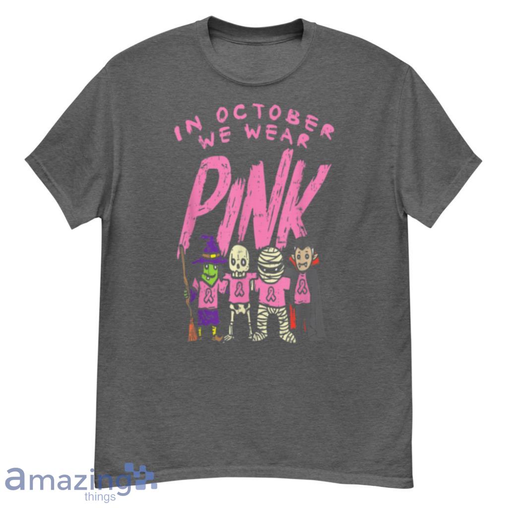October We Wear Pink Witch Skeleton Halloween Breast Cancer T Shirt Product Photo 1