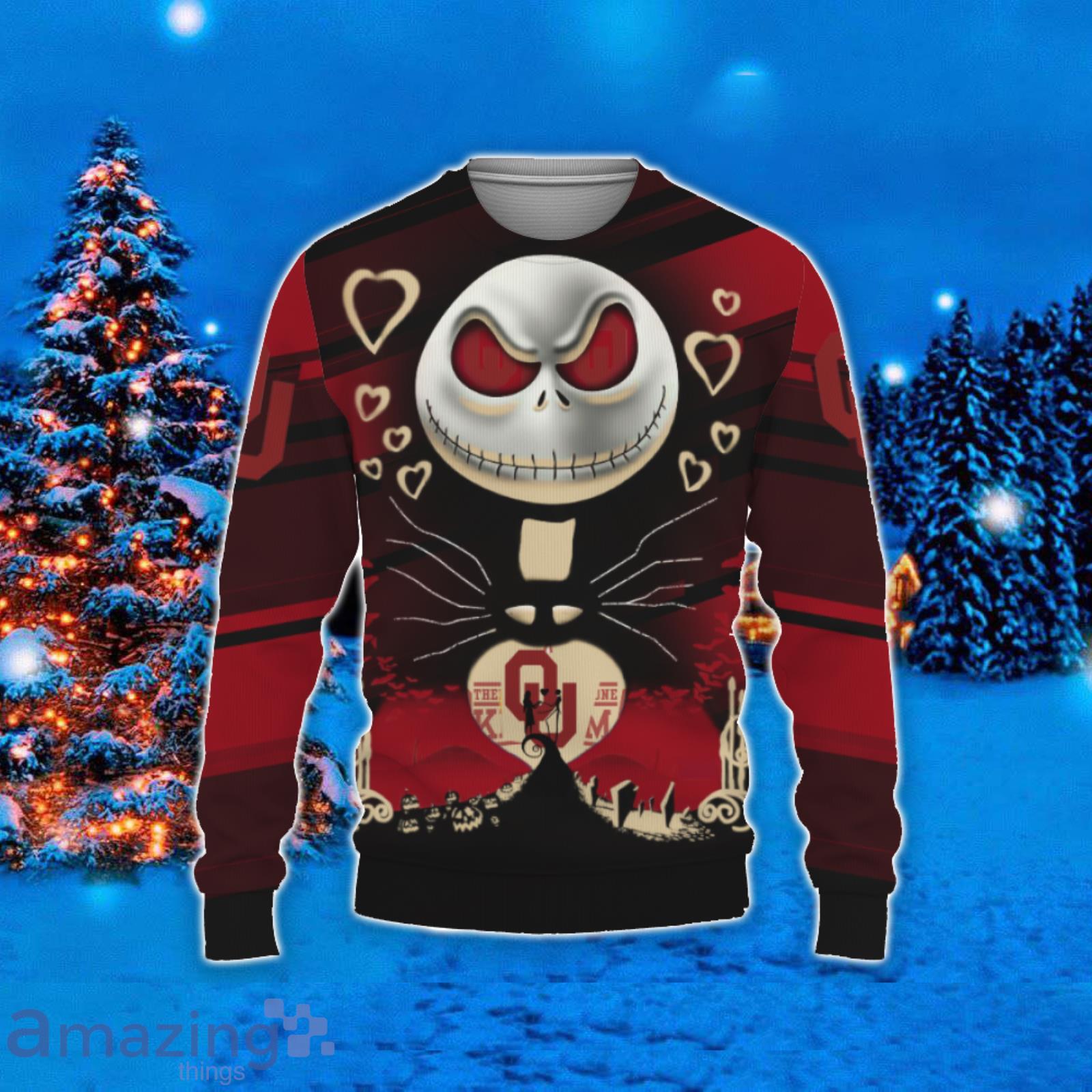 Oklahoma Sooners Jack Skellington 2023 Ugly Christmas Sweater image Oklahoma Sooners Jack Skellington 2023 Ugly Christmas Sweater Product Photo 2