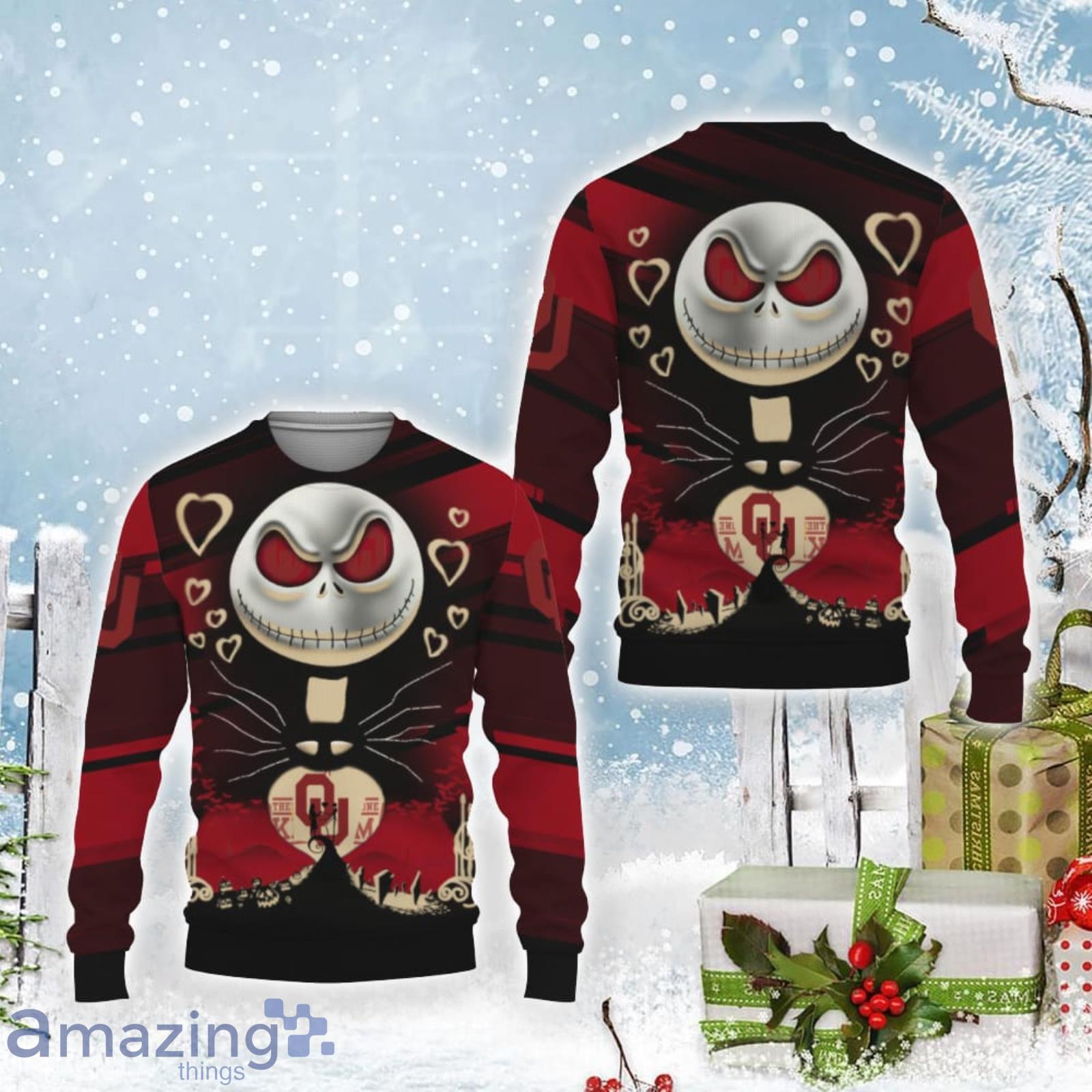 Oklahoma Sooners Jack Skellington 2023 Ugly Christmas Sweater Product Photo 1