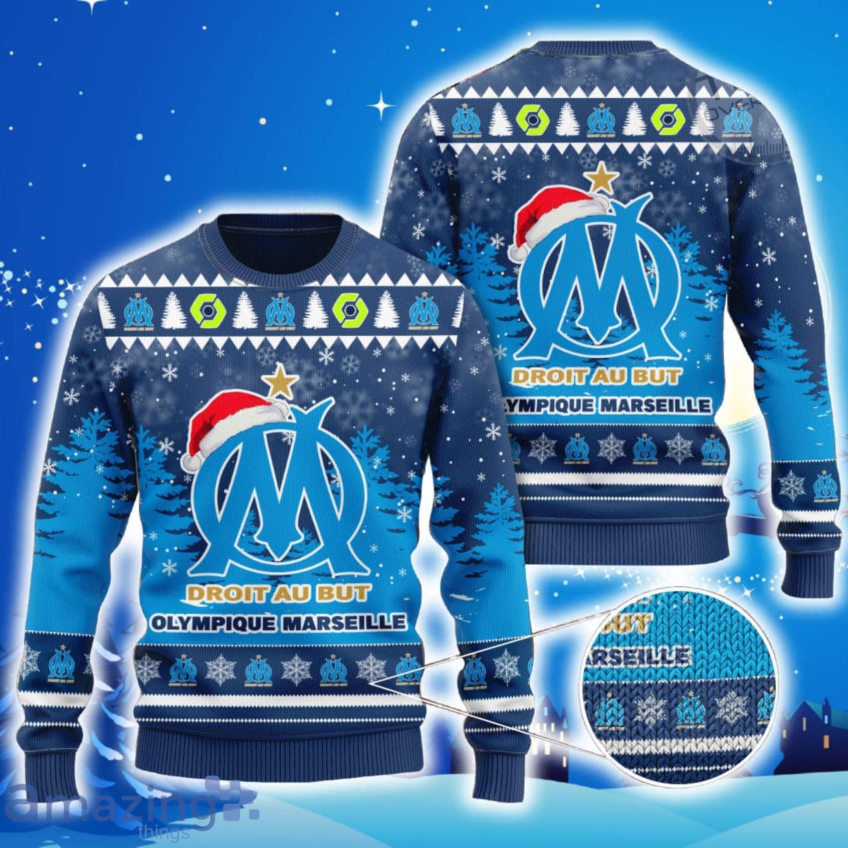 Olympique Marseille Santa Hat All Over Print Christmas Knitting Ugly Sweater Product Photo 1