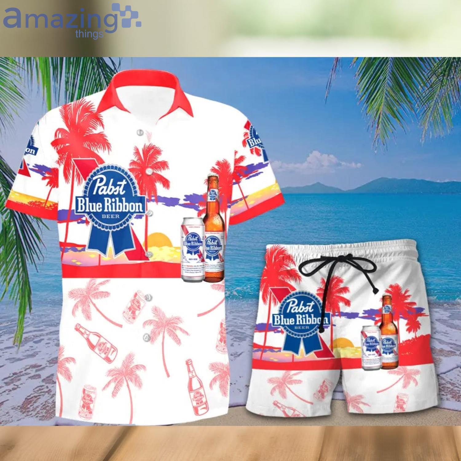 Pabst Blue Ribbon Tropical Palm Tree Hawaiian Shirt And Shorts For Beach Lovers Product Photo 1