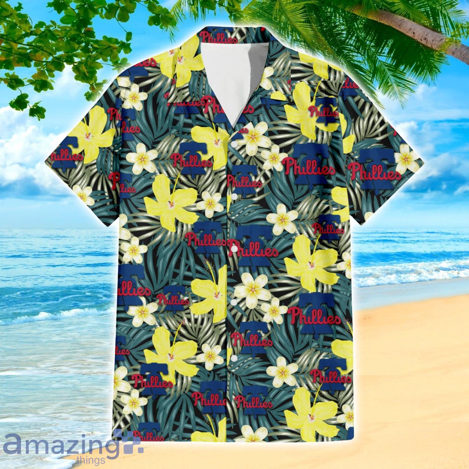 Philadelphia Phillies Yellow Flower Green Palm Leaf Tropical 3D Hawaiian  Shirt