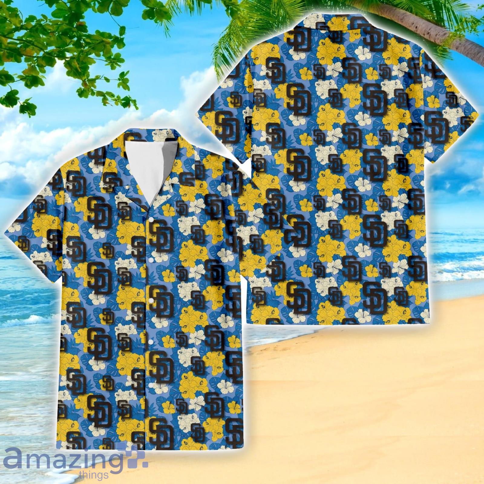 San Diego Padres Yellow White Hibiscus Powder Blue Pattern 3D Hawaiian Shirt Beach Gift image San Diego Padres Yellow White Hibiscus Powder Blue Pattern 3D Hawaiian Shirt Beach Gift Product Photo 2