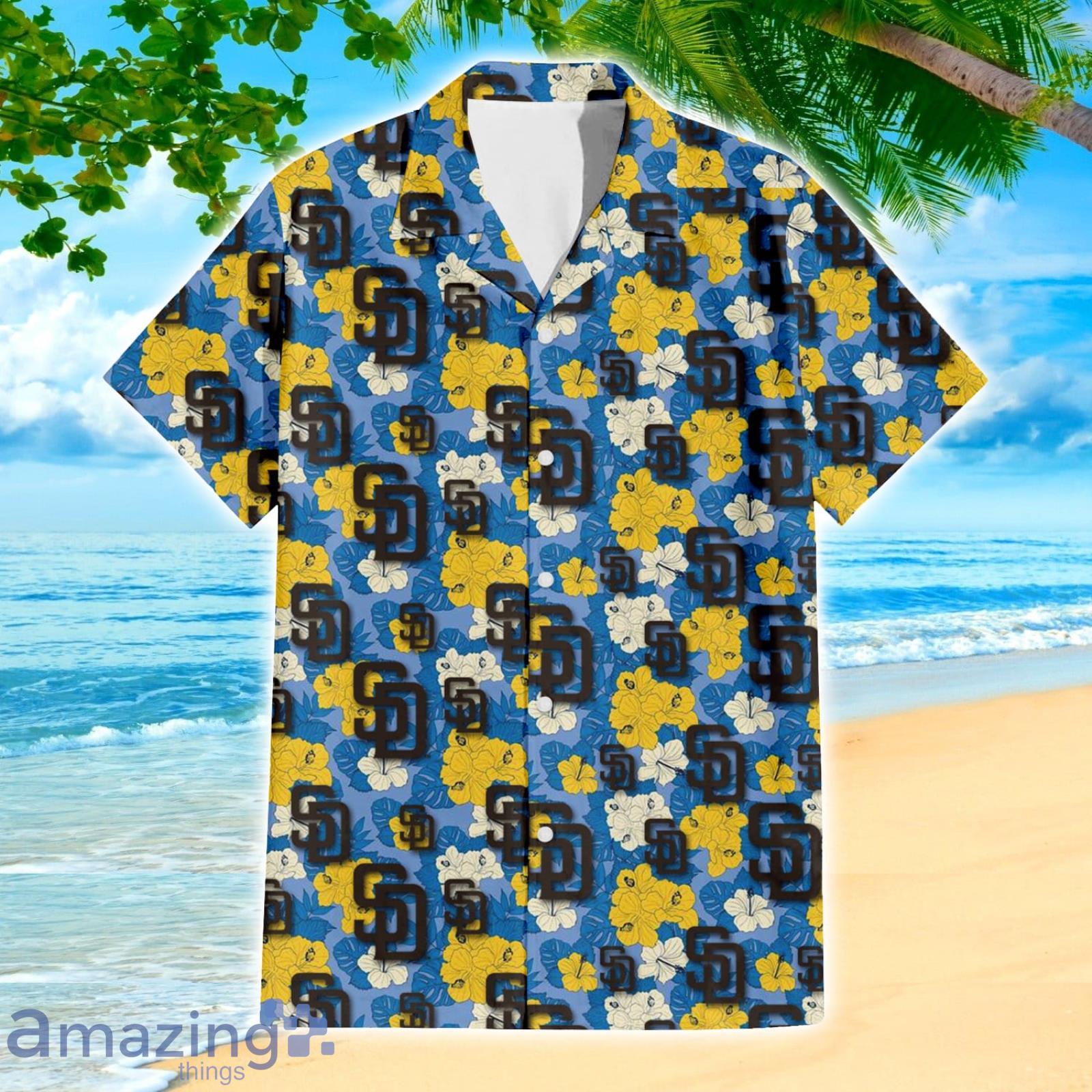San Diego Padres Yellow White Hibiscus Powder Blue Pattern 3D Hawaiian Shirt Beach Gift image San Diego Padres Yellow White Hibiscus Powder Blue Pattern 3D Hawaiian Shirt Beach Gift Product Photo 4