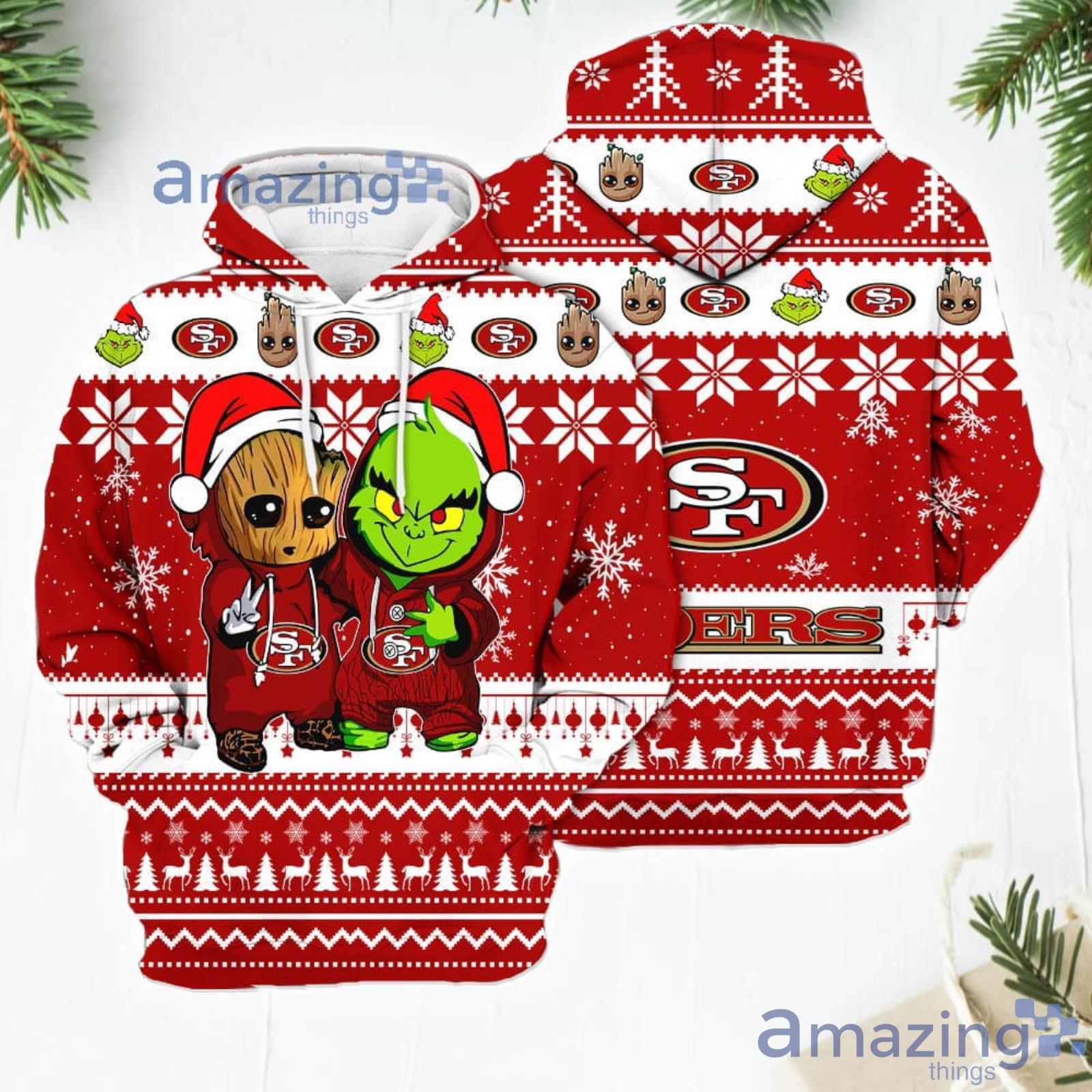 San Francisco 49ers Baby Groot And Grinch Best Friends New Trends Christmas Gift 3D Hoodie For Men And Women Product Photo 1