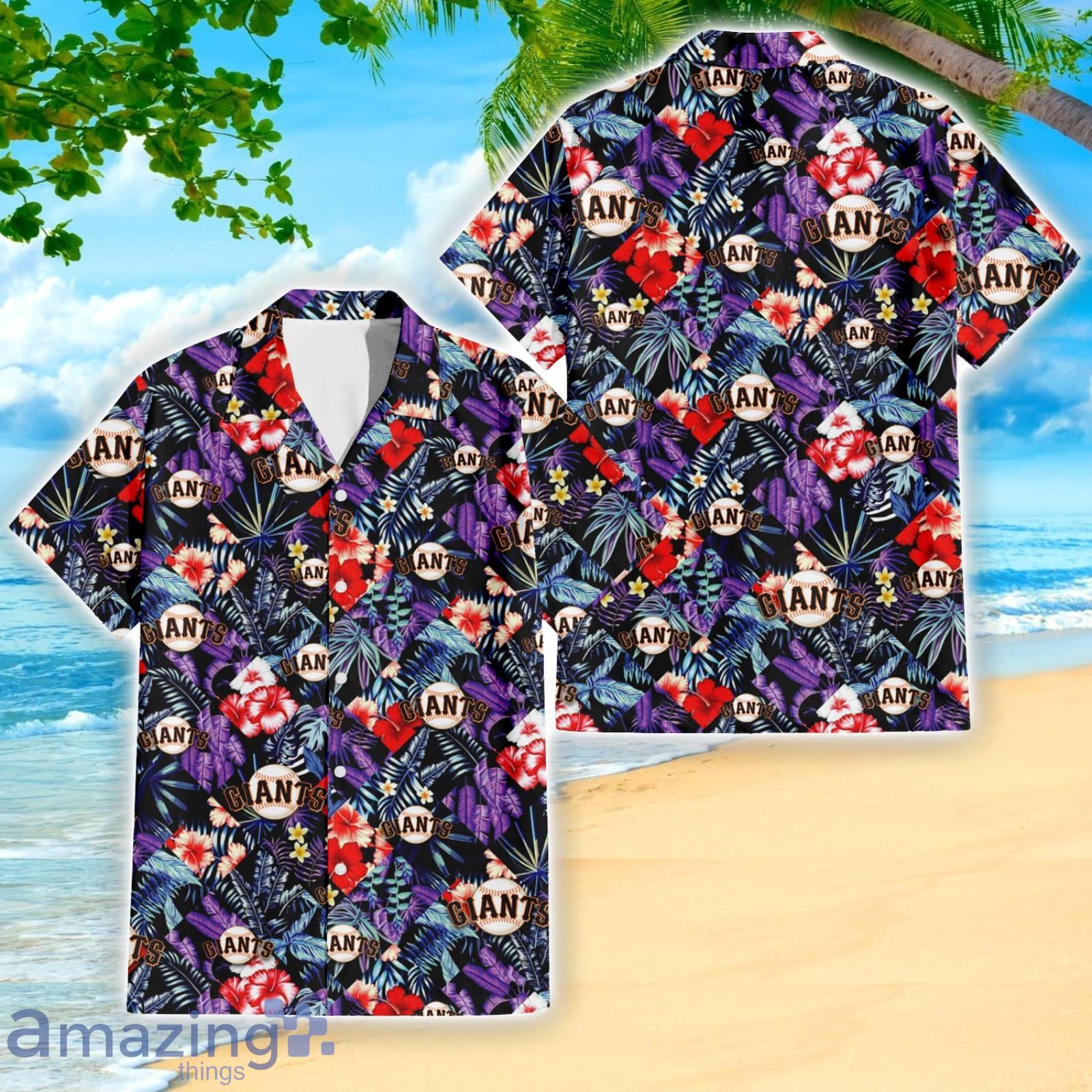 San Francisco Giants Red Hibiscus Purple Leaf Pattern Summer Gift Hawaiian Shirt For Fans Product Photo 1