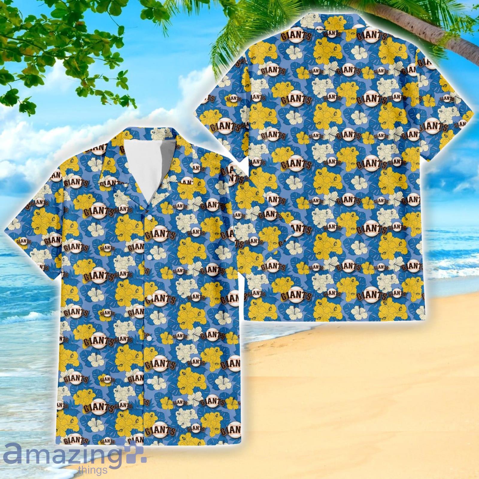 San Francisco Giants Yellow White Hibiscus Powder Blue Pattern 3D Hawaiian Shirt Beach Gift Product Photo 1