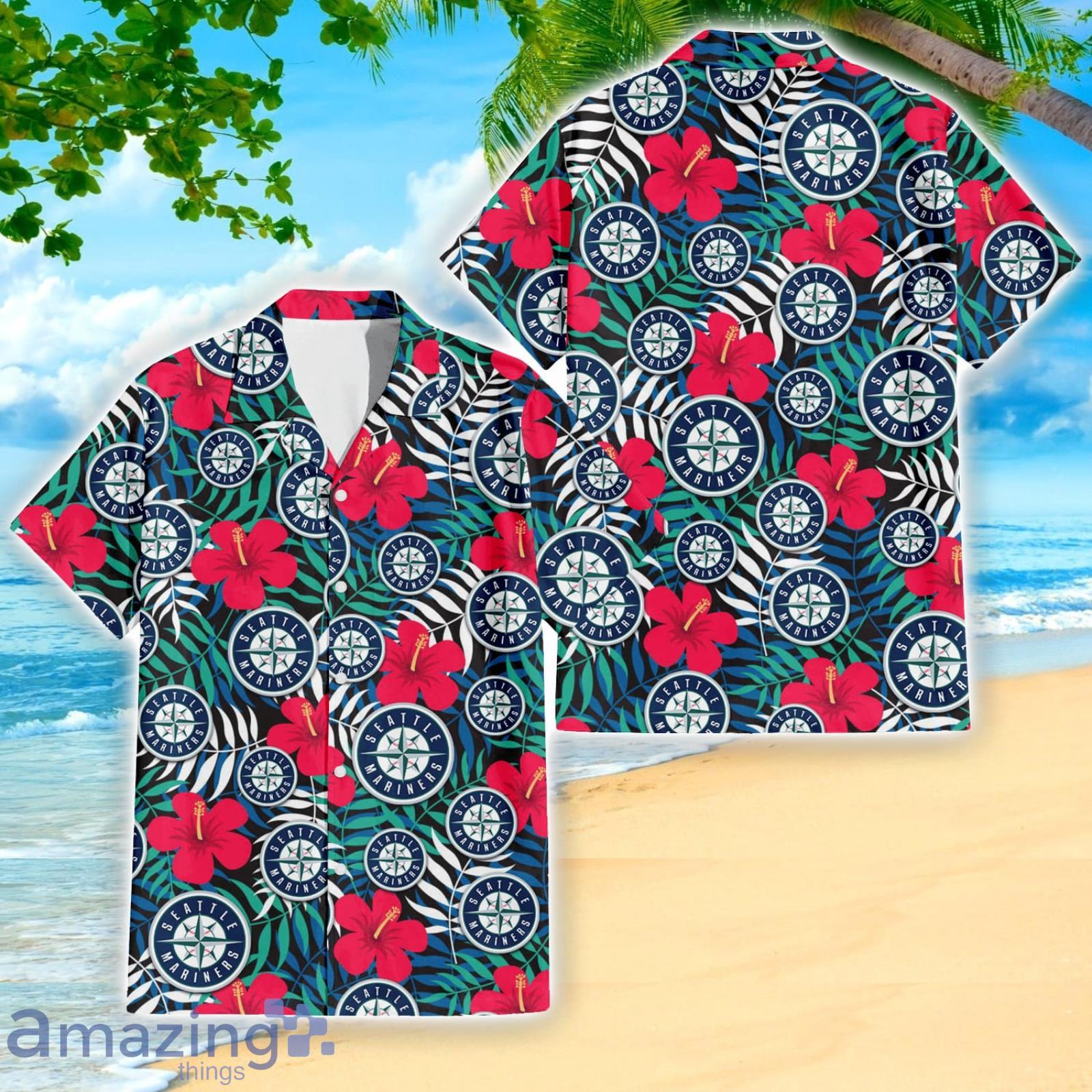 Seattle Mariners Red Hibiscus Green Leaf Pattern Tropical Summer Gift 3D Hawaiian Shirt image Seattle Mariners Red Hibiscus Green Leaf Pattern Tropical Summer Gift 3D Hawaiian Shirt Product Photo 2