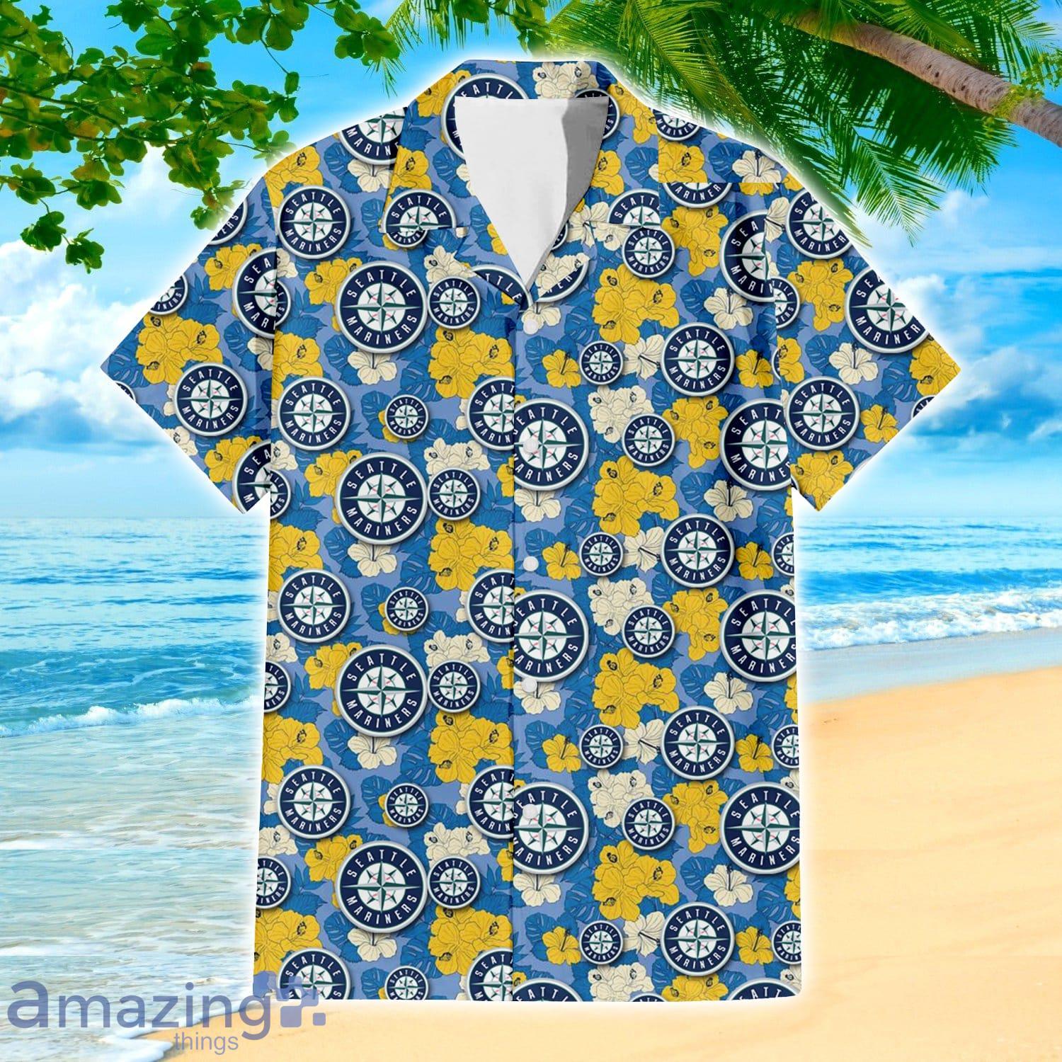 Seattle Mariners Yellow White Hibiscus Powder Blue Pattern 3D Hawaiian Shirt Beach Gift image Seattle Mariners Yellow White Hibiscus Powder Blue Pattern 3D Hawaiian Shirt Beach Gift Product Photo 2