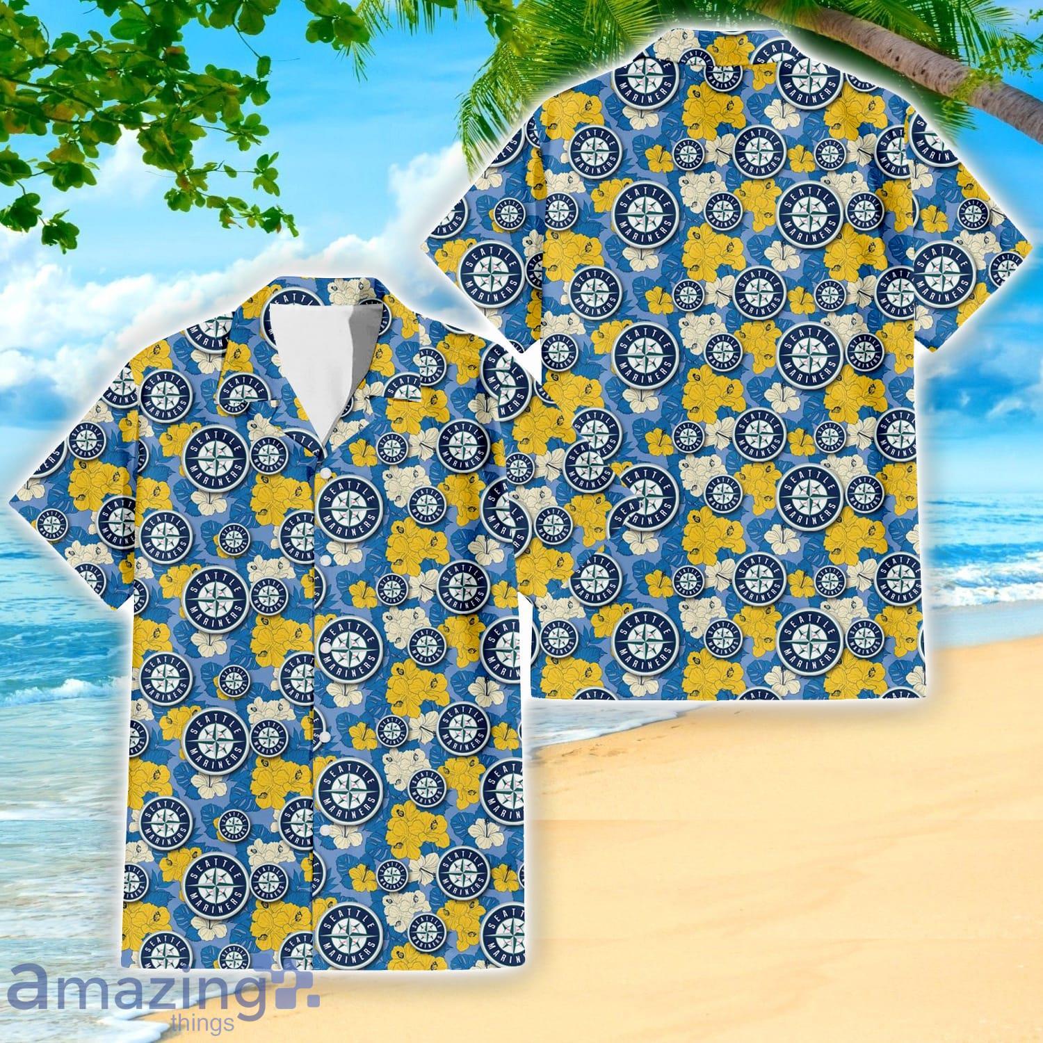 Seattle Mariners Yellow White Hibiscus Powder Blue Pattern 3D Hawaiian Shirt Beach Gift Product Photo 1