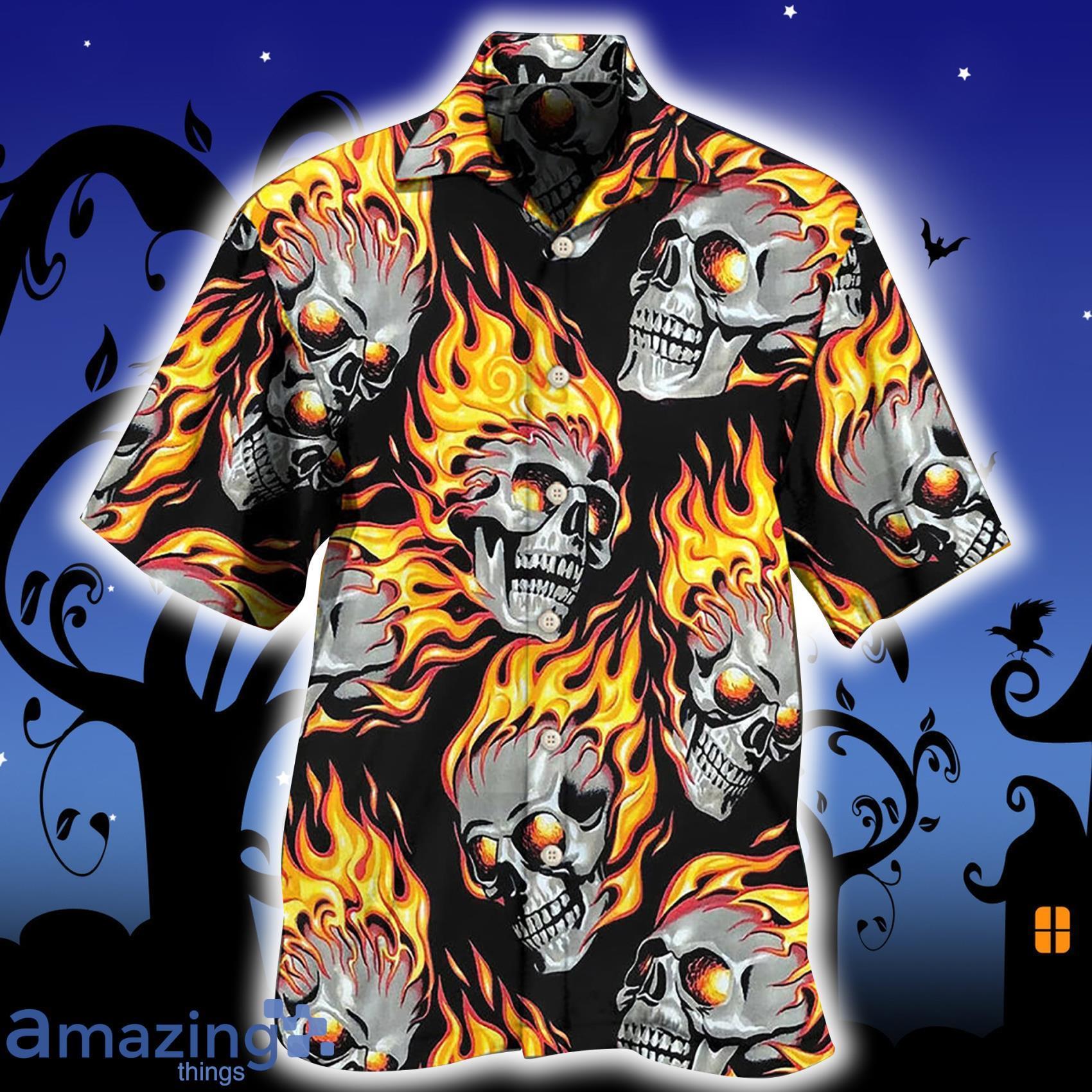 Skull On Fire Gift For Halloween Short Sleeve Hawaiian Shirt Product Photo 1