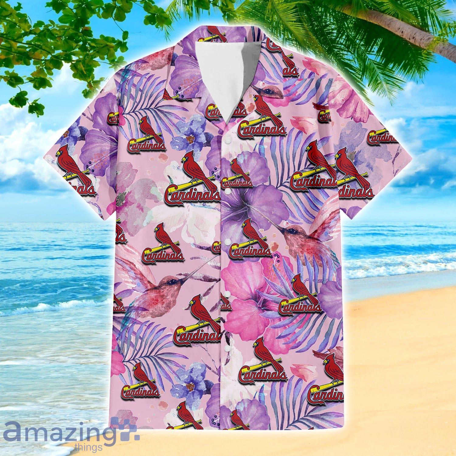 St. Louis Cardinals White Purple Hibiscus Pink Hummingbird Pink Hawaiian Shirt For Fans image St. Louis Cardinals White Purple Hibiscus Pink Hummingbird Pink Hawaiian Shirt For Fans Product Photo 3