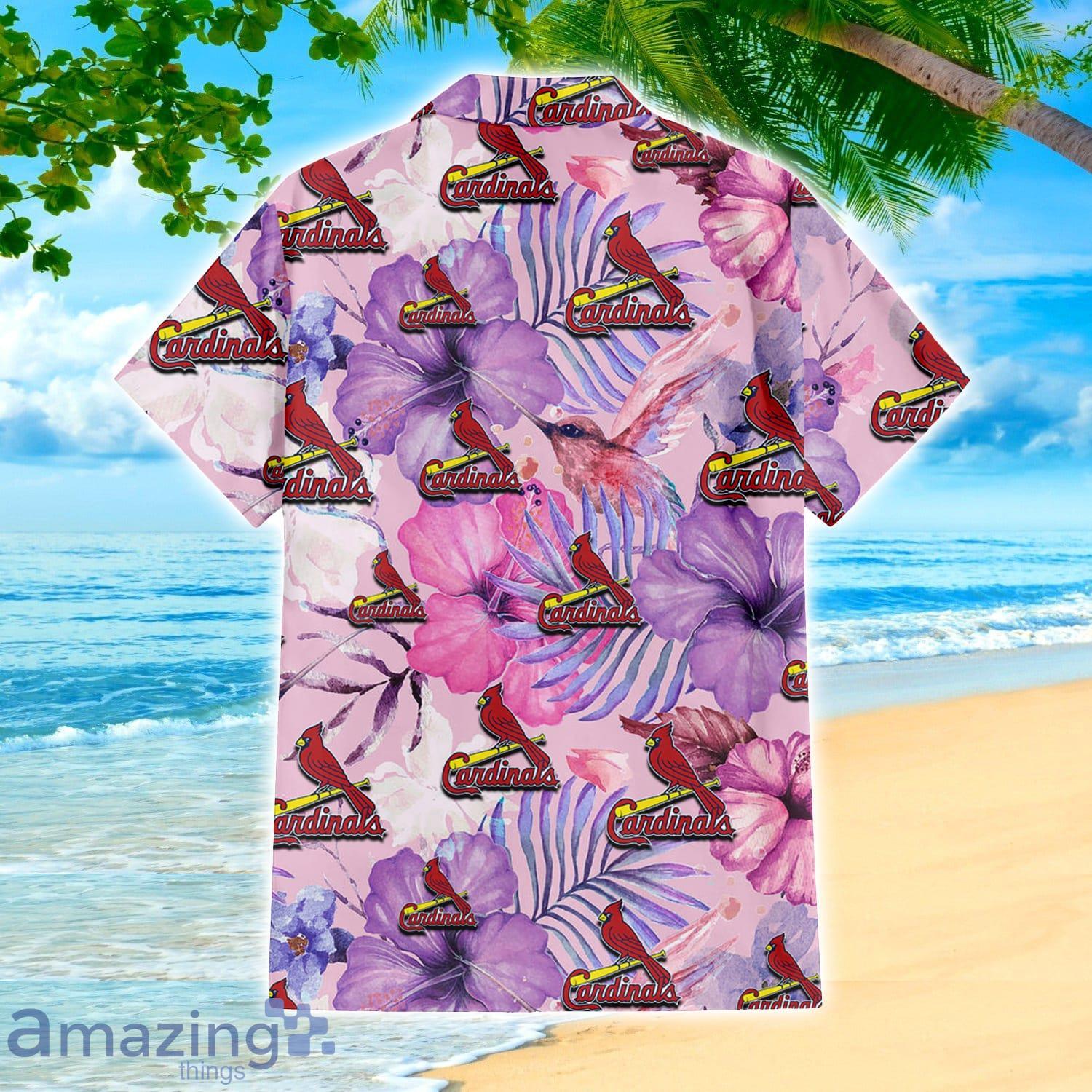 St. Louis Cardinals White Purple Hibiscus Pink Hummingbird Pink Hawaiian Shirt For Fans image St. Louis Cardinals White Purple Hibiscus Pink Hummingbird Pink Hawaiian Shirt For Fans Product Photo 4