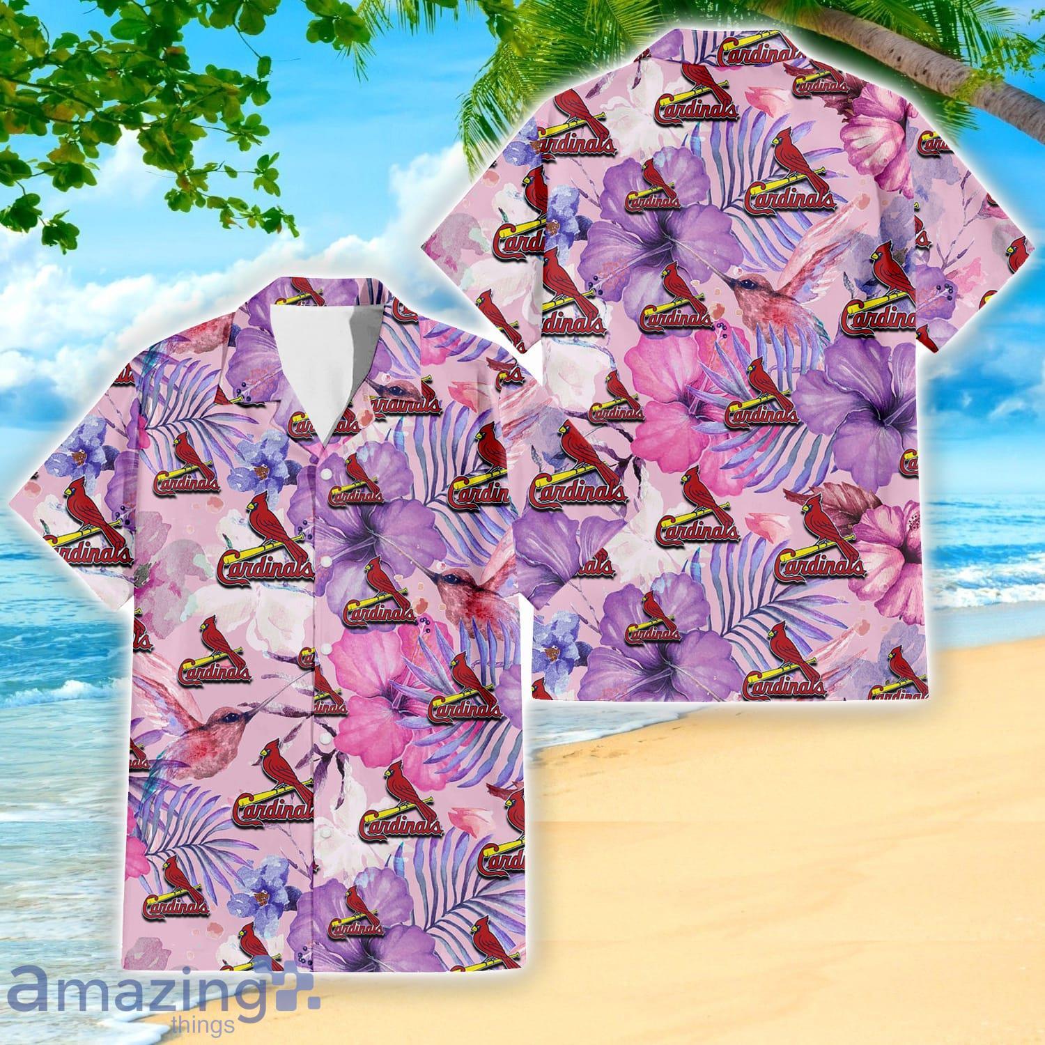 St. Louis Cardinals White Purple Hibiscus Pink Hummingbird Pink Hawaiian Shirt For Fans Product Photo 1 St. Louis Cardinals White Purple Hibiscus Pink Hummingbird Pink Hawaiian Shirt For Fans Product Photo 1