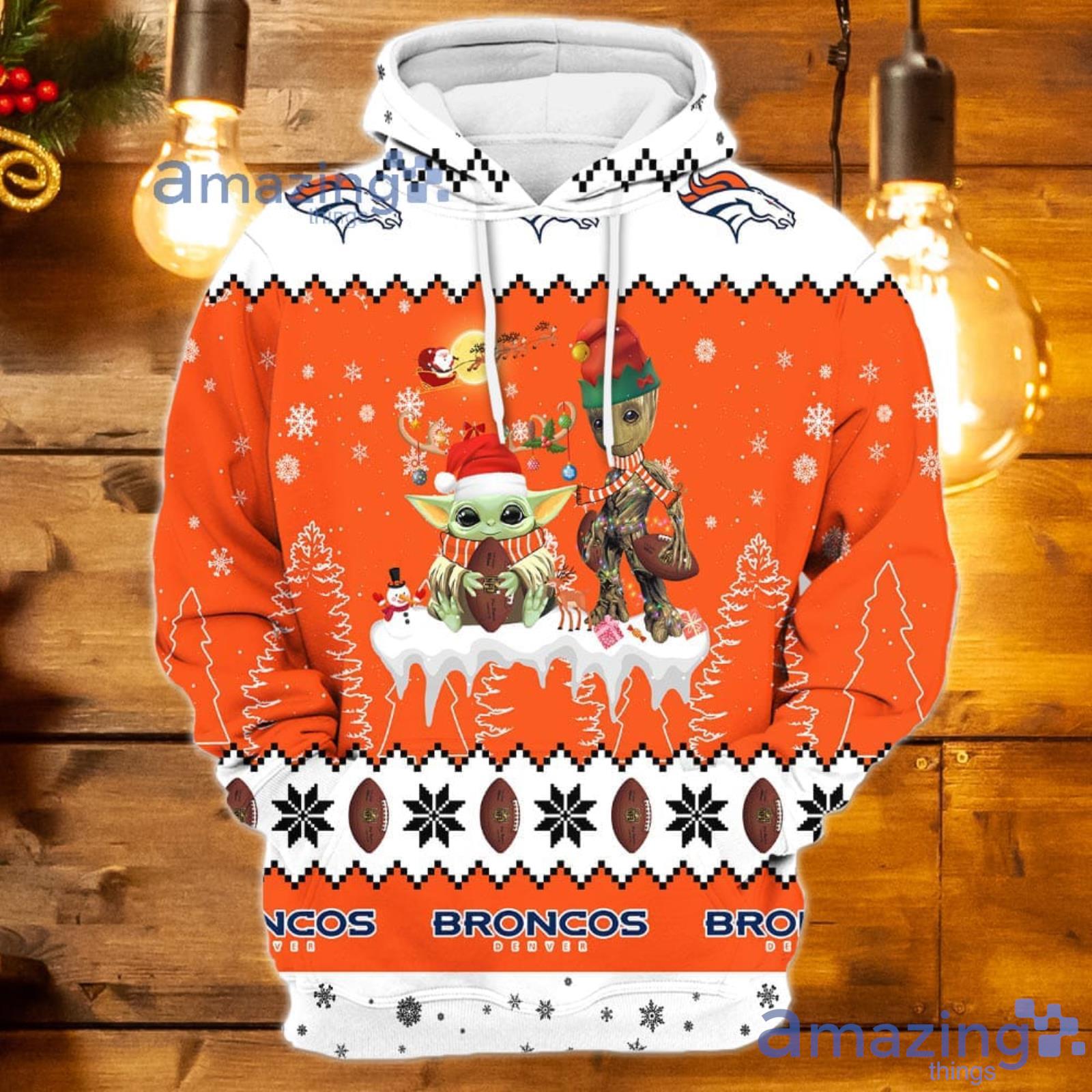 Tis The Season Christmas Gift Baby Yoda Groot Football Fans Denver Broncos  3D Hoodie For Men And Women