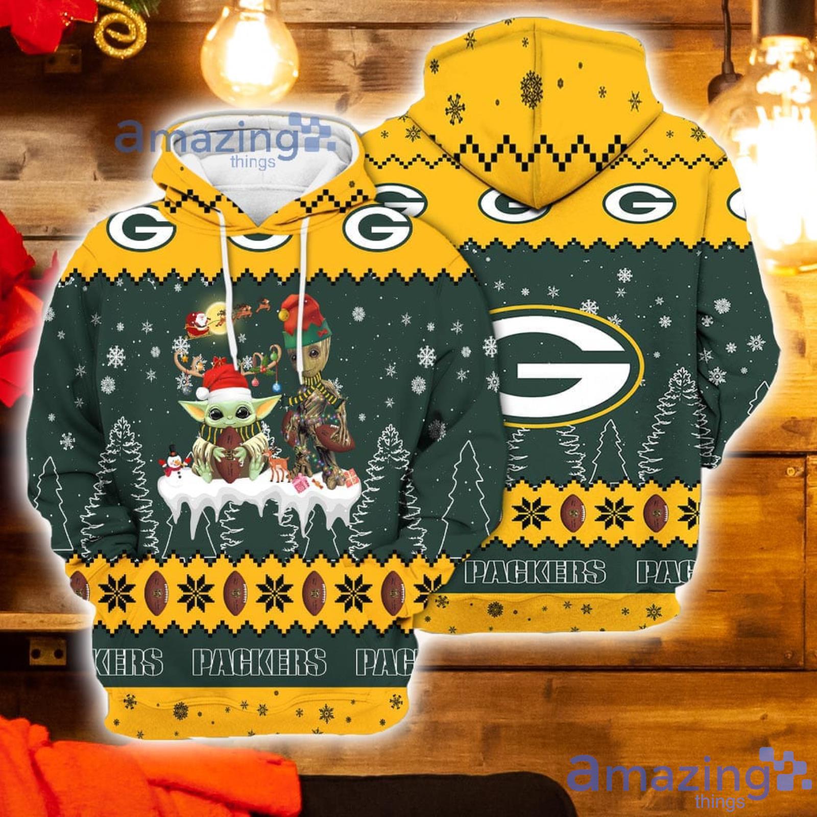 Tis The Season Christmas Gift Baby Yoda Groot Football Fans Green Bay Packers 3D Hoodie For Men And Women Product Photo 1