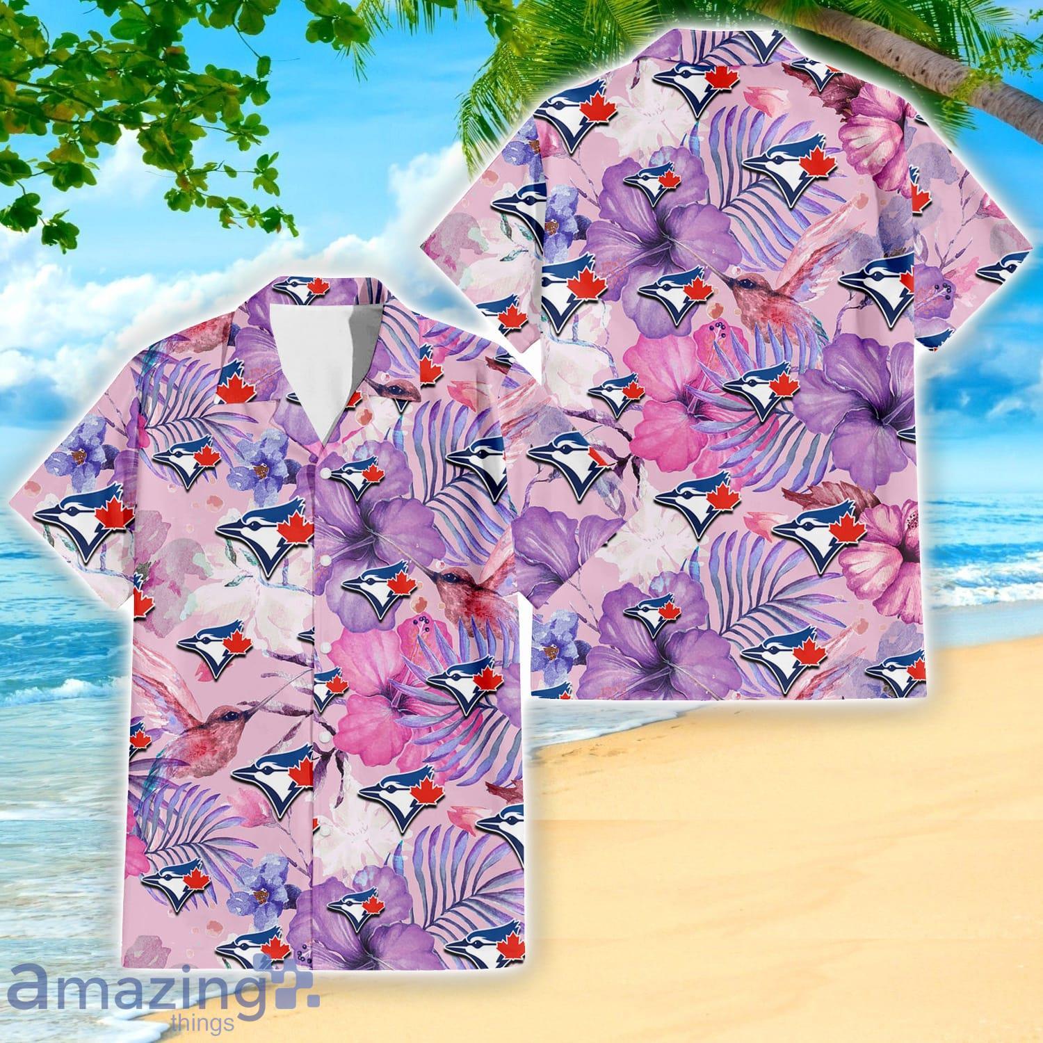 Toronto Blue Jays White Purple Hibiscus Pink Hummingbird Pink Hawaiian Shirt For Fans Product Photo 1