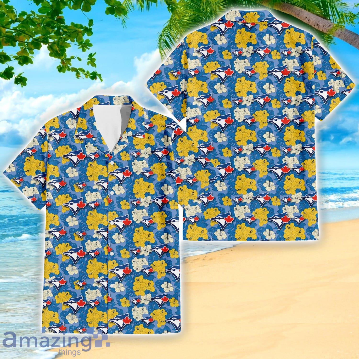 Toronto Blue Jays Yellow White Hibiscus Powder Blue Pattern 3D Hawaiian Shirt Beach Gift Product Photo 1