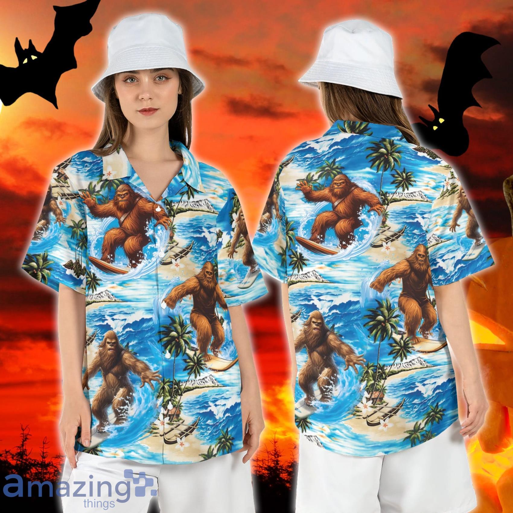 Tropical Bigfoot Surfing Bigfoot Beach Summer Sasquatch Hawaiian Shirt For Men And Women Bigfoot Palm Tree Short Sleeve Shirt Product Photo 1