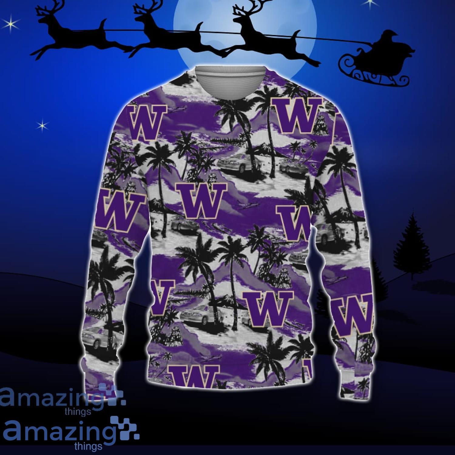 Washington Huskies Car And Coconut Tropical Patterns Ugly Christmas Sweater For Fans Product Photo 1 Washington Huskies Car And Coconut Tropical Patterns Ugly Christmas Sweater For Fans Product Photo 1