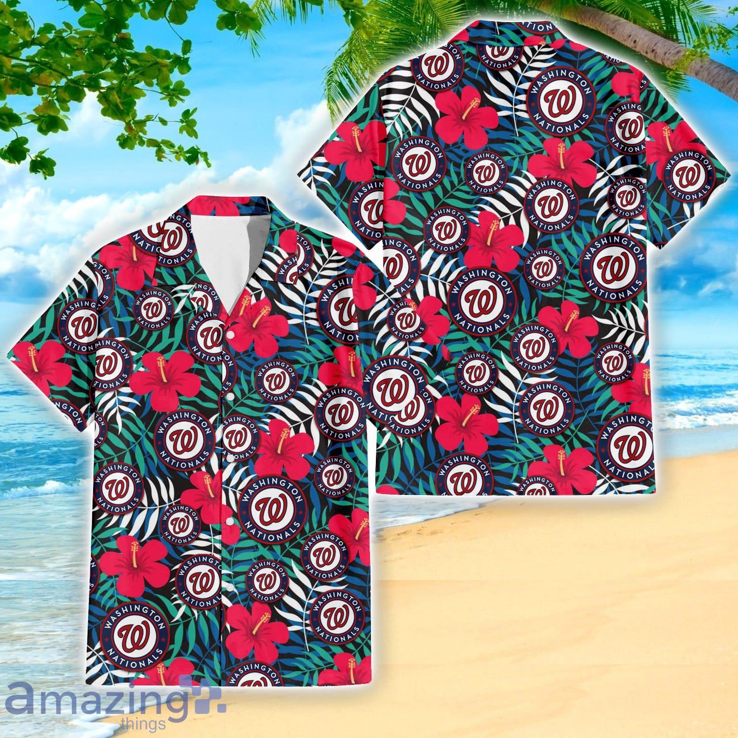 Washington Nationals Red Hibiscus Green Leaf Pattern Tropical Summer Gift 3D Hawaiian Shirt Product Photo 1