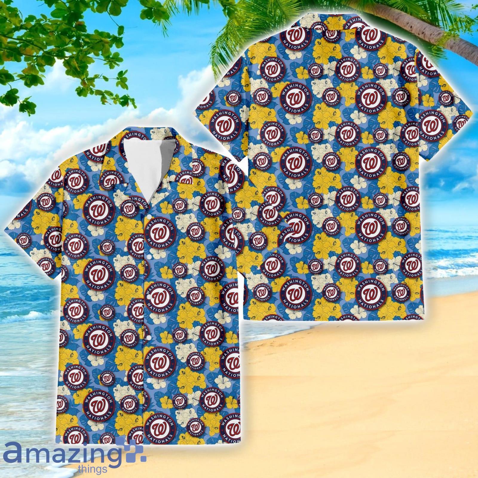 Washington Nationals Yellow White Hibiscus Powder Blue Pattern 3D Hawaiian Shirt Beach Gift Product Photo 1