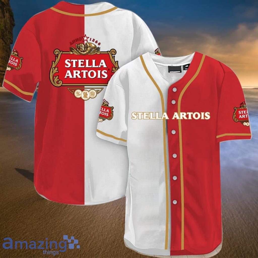 White And Red Split Stella Artois Baseball Jersey Shirt Gift For Men And Women Product Photo 1