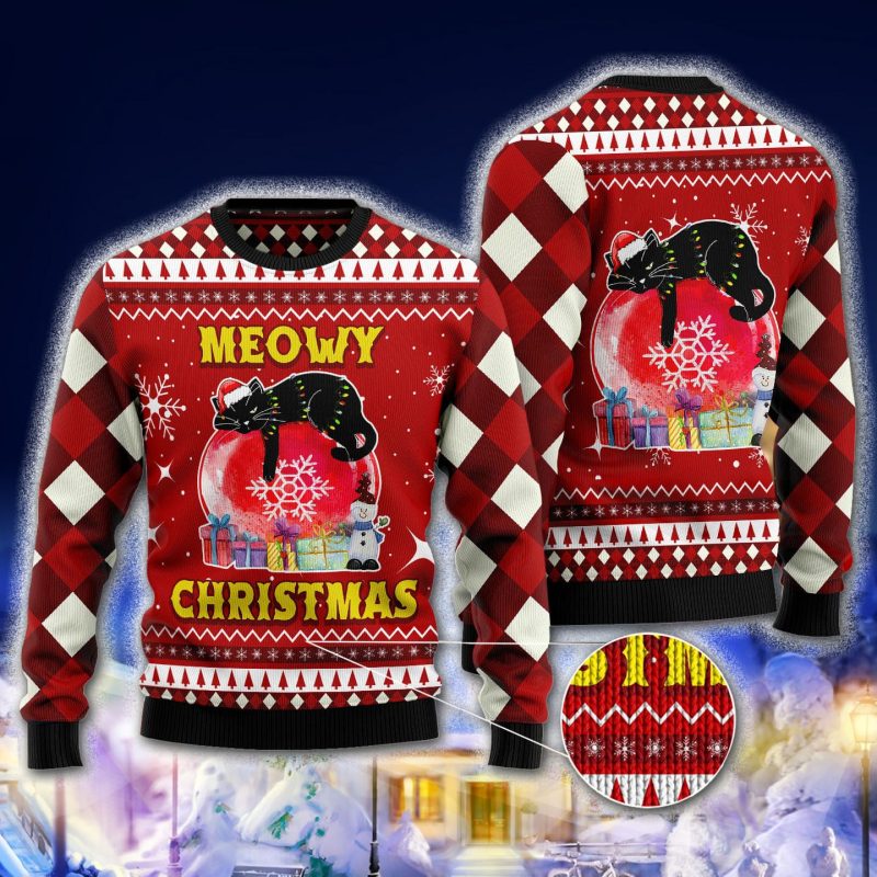 Meowy Christmas Cat Hug Christmas Ball And Gift Boxes Christmas 3D Sweater