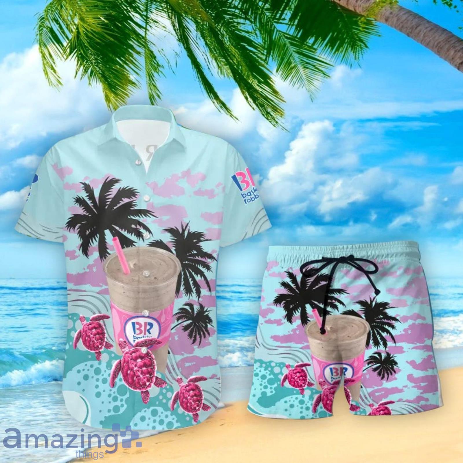 Baskin Robbins Turtles Palm Tree Hawaiian Shirt And Shorts Custom Name Special Summer Gift image Baskin Robbins Turtles Palm Tree Hawaiian Shirt And Shorts Custom Name Special Summer Gift Product Photo 2